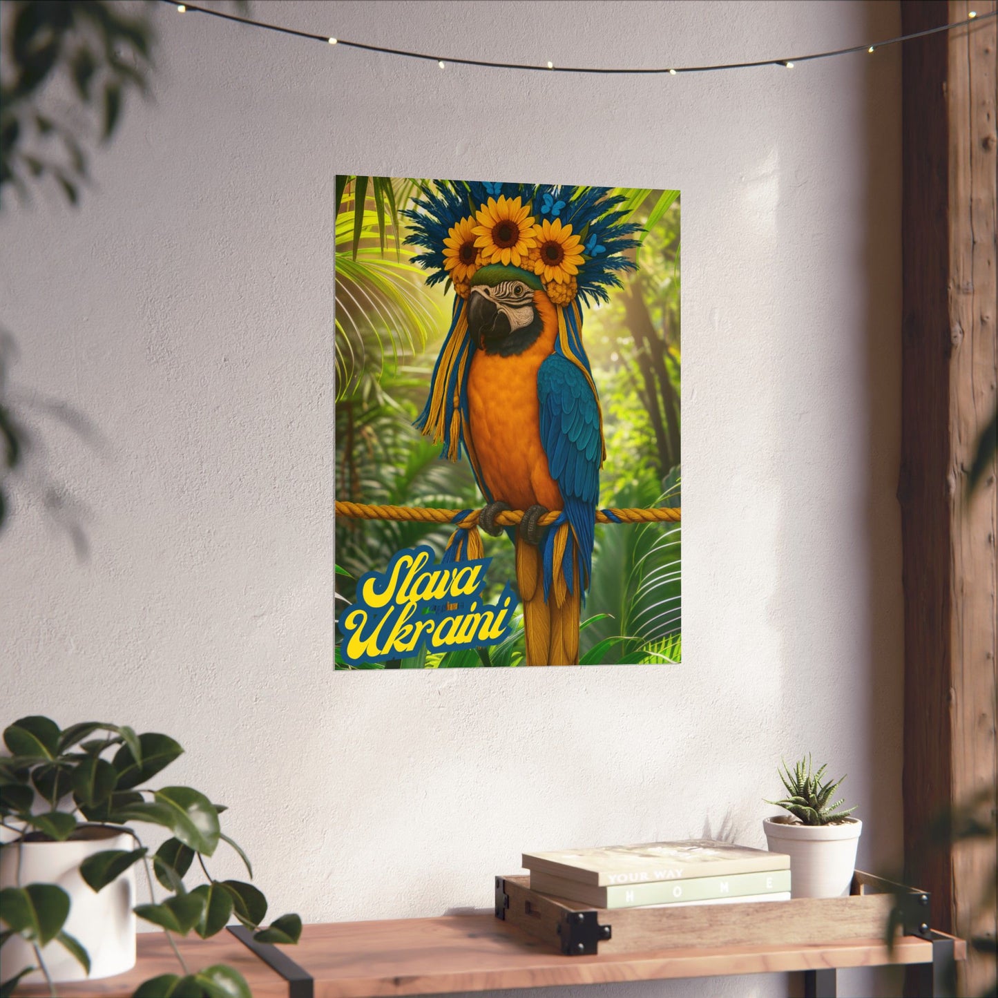 'Slava Ukrani' Blue and Gold McCaw Poster, Ukranian Pride Art, Nature Wall Art, Gift for Bird Lovers, Parrot Lovers, Tropical Home Decor