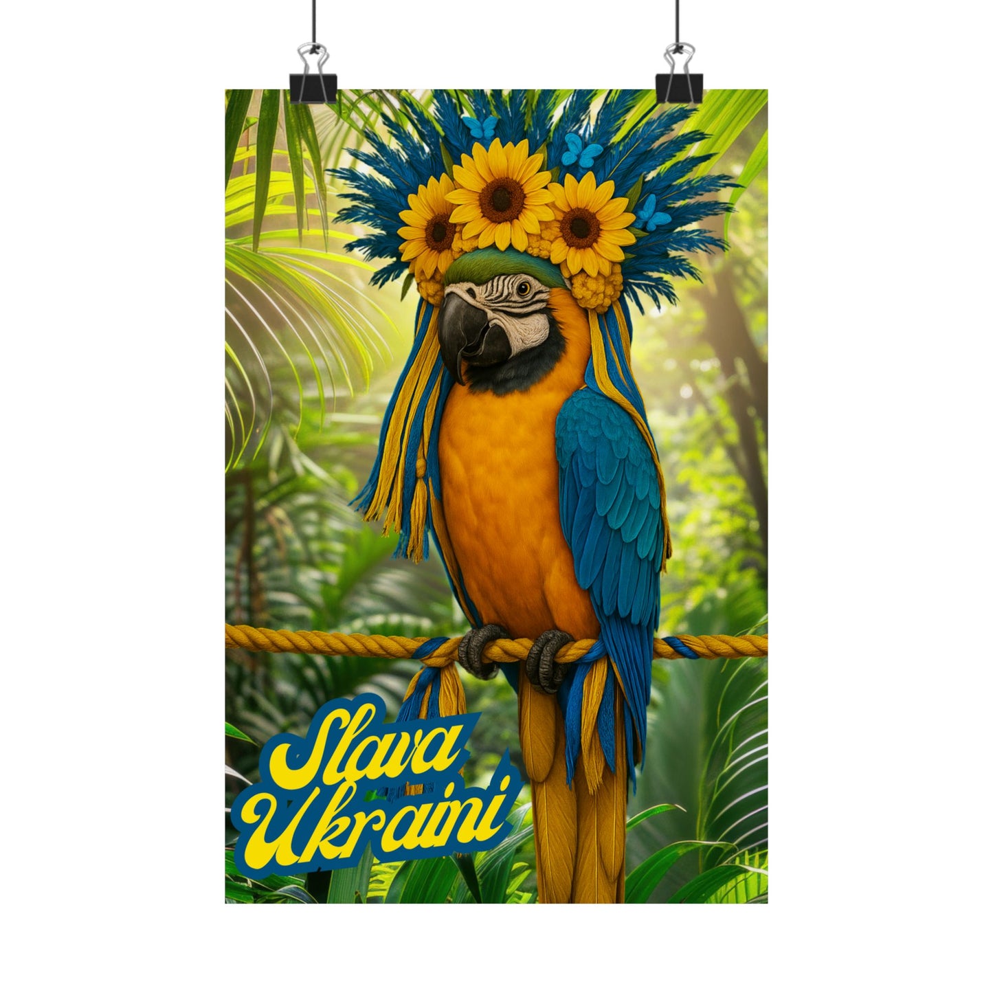 'Slava Ukrani' Blue and Gold McCaw Poster, Ukranian Pride Art, Nature Wall Art, Gift for Bird Lovers, Parrot Lovers, Tropical Home Decor