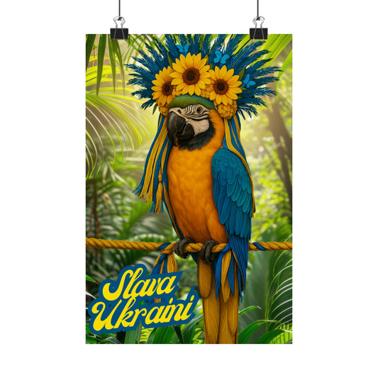 'Slava Ukrani' Blue and Gold McCaw Poster, Ukranian Pride Art, Nature Wall Art, Gift for Bird Lovers, Parrot Lovers, Tropical Home Decor
