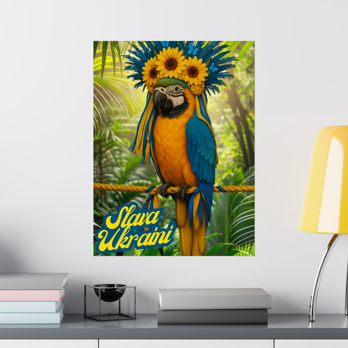 'Slava Ukrani' Blue and Gold McCaw Poster, Ukranian Pride Art, Nature Wall Art, Gift for Bird Lovers, Parrot Lovers, Tropical Home Decor