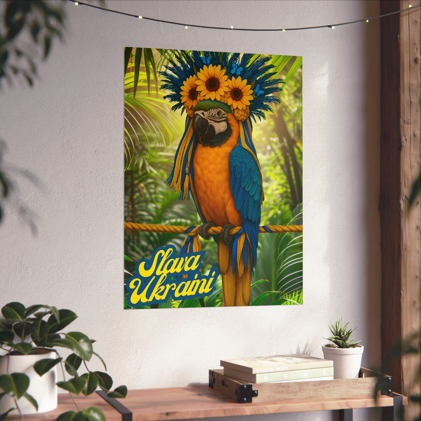 'Slava Ukrani' Blue and Gold McCaw Poster, Ukranian Pride Art, Nature Wall Art, Gift for Bird Lovers, Parrot Lovers, Tropical Home Decor