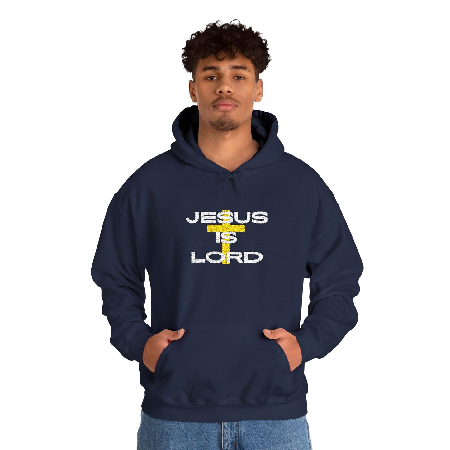 'Jesus is Lord' With Cross Chest Embroidery Unisex Heavy Blend™ Hooded Sweatshirt, Christian Apparel