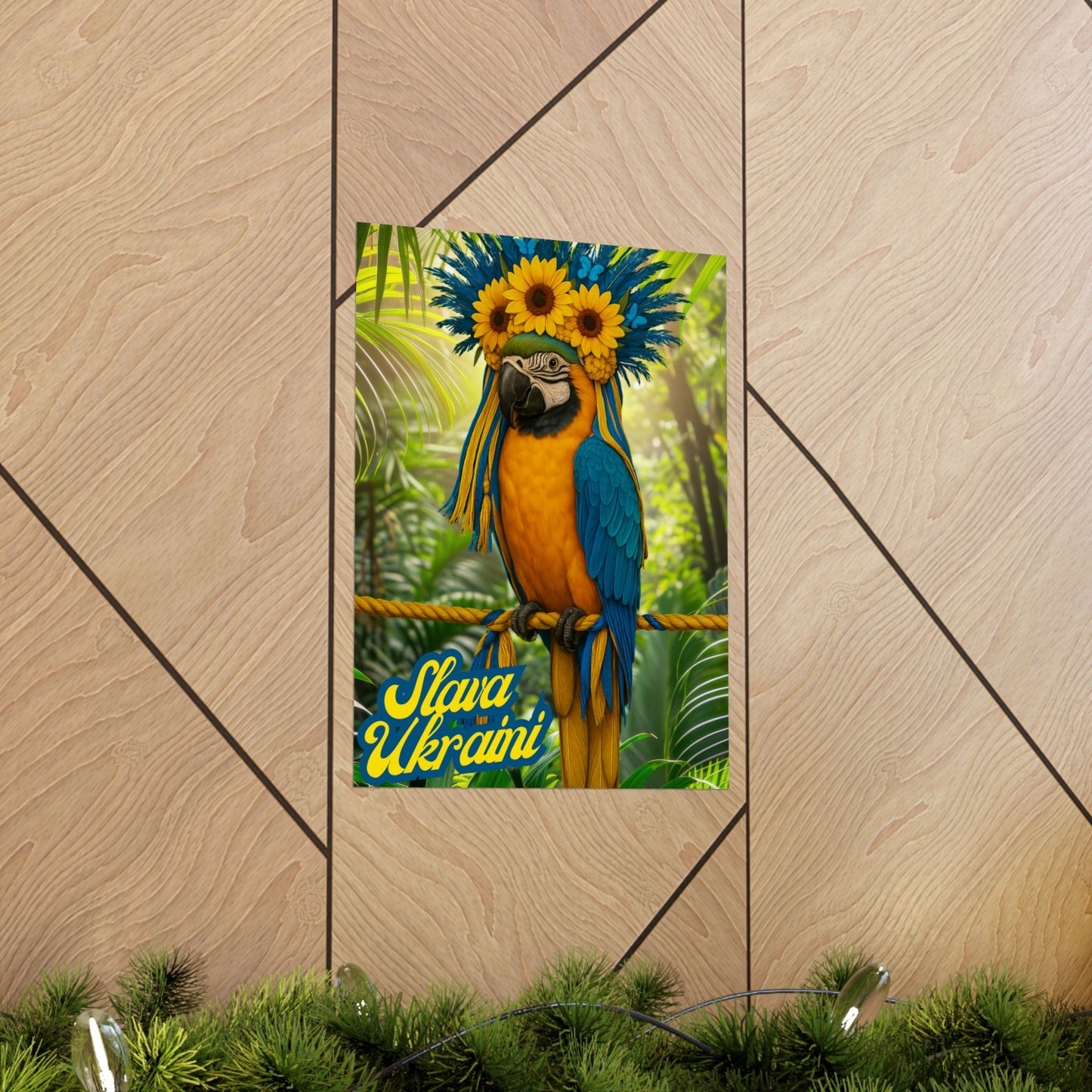 'Slava Ukrani' Blue and Gold McCaw Poster, Ukranian Pride Art, Nature Wall Art, Gift for Bird Lovers, Parrot Lovers, Tropical Home Decor