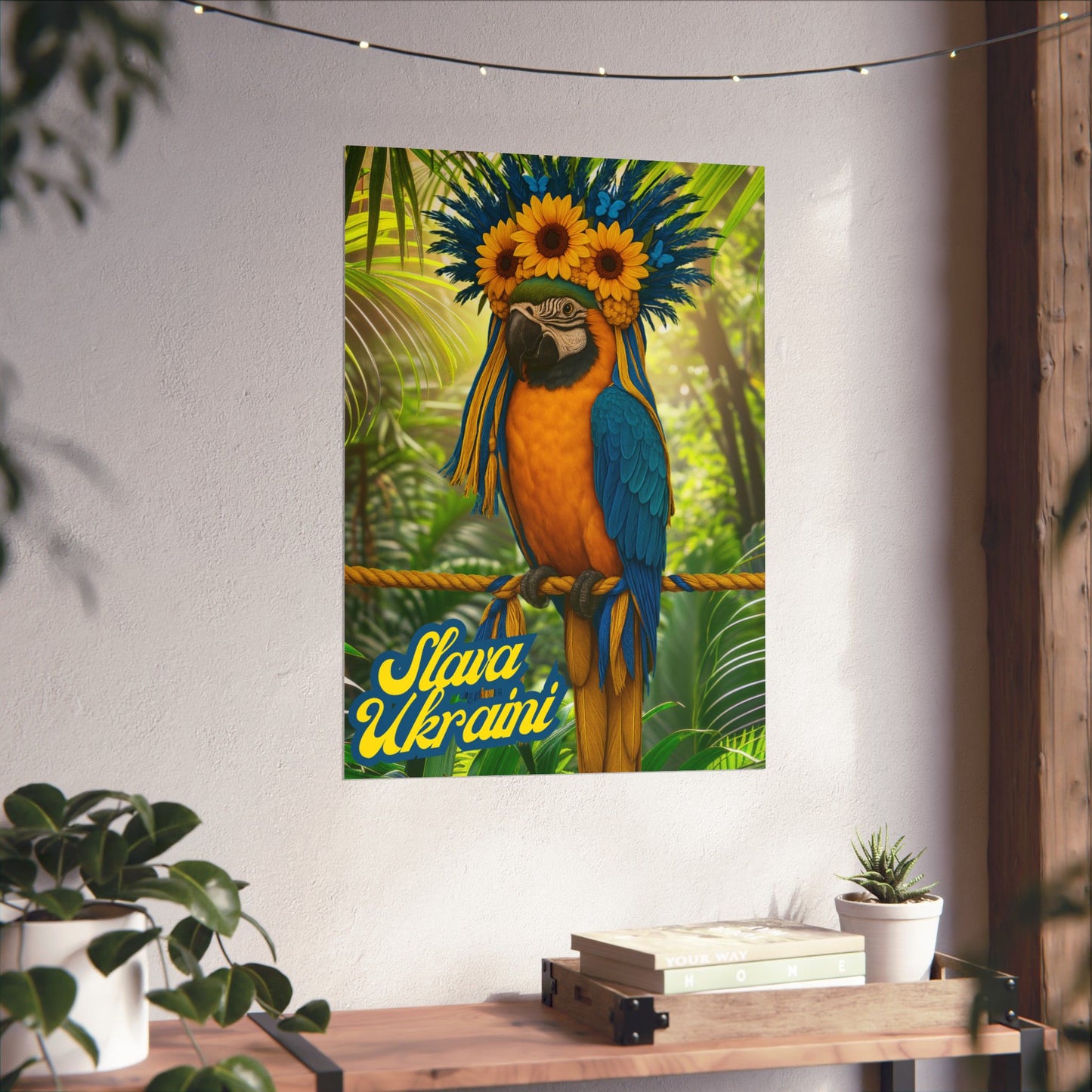 'Slava Ukrani' Blue and Gold McCaw Poster, Ukranian Pride Art, Nature Wall Art, Gift for Bird Lovers, Parrot Lovers, Tropical Home Decor