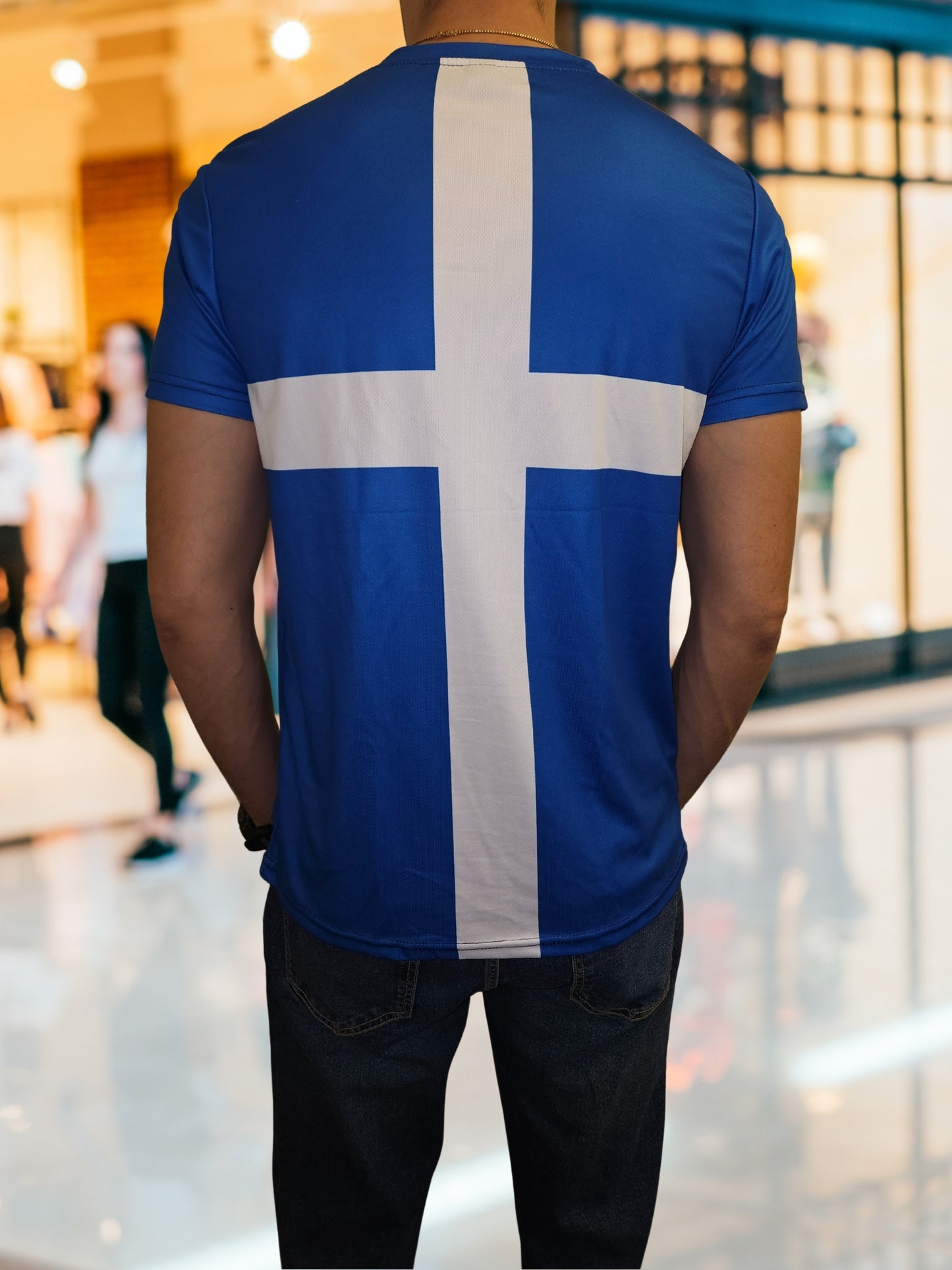 Blue and White Christian Cross All-Over Print T-Shirt, Breathable 100% polyester mesh, Christian Apparel
