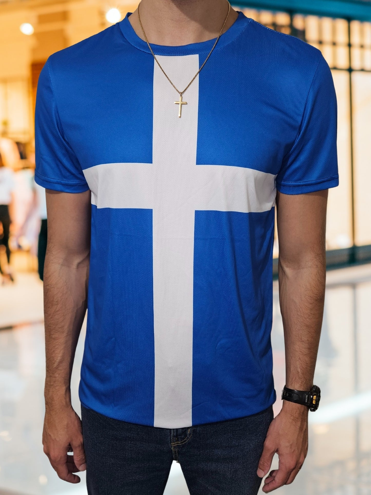 Blue and White Christian Cross All-Over Print T-Shirt, Breathable 100% polyester mesh, Christian Apparel