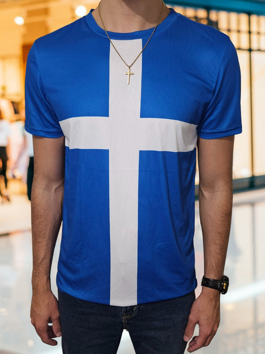 Blue and White Christian Cross All-Over Print T-Shirt, Breathable 100% polyester mesh, Christian Apparel