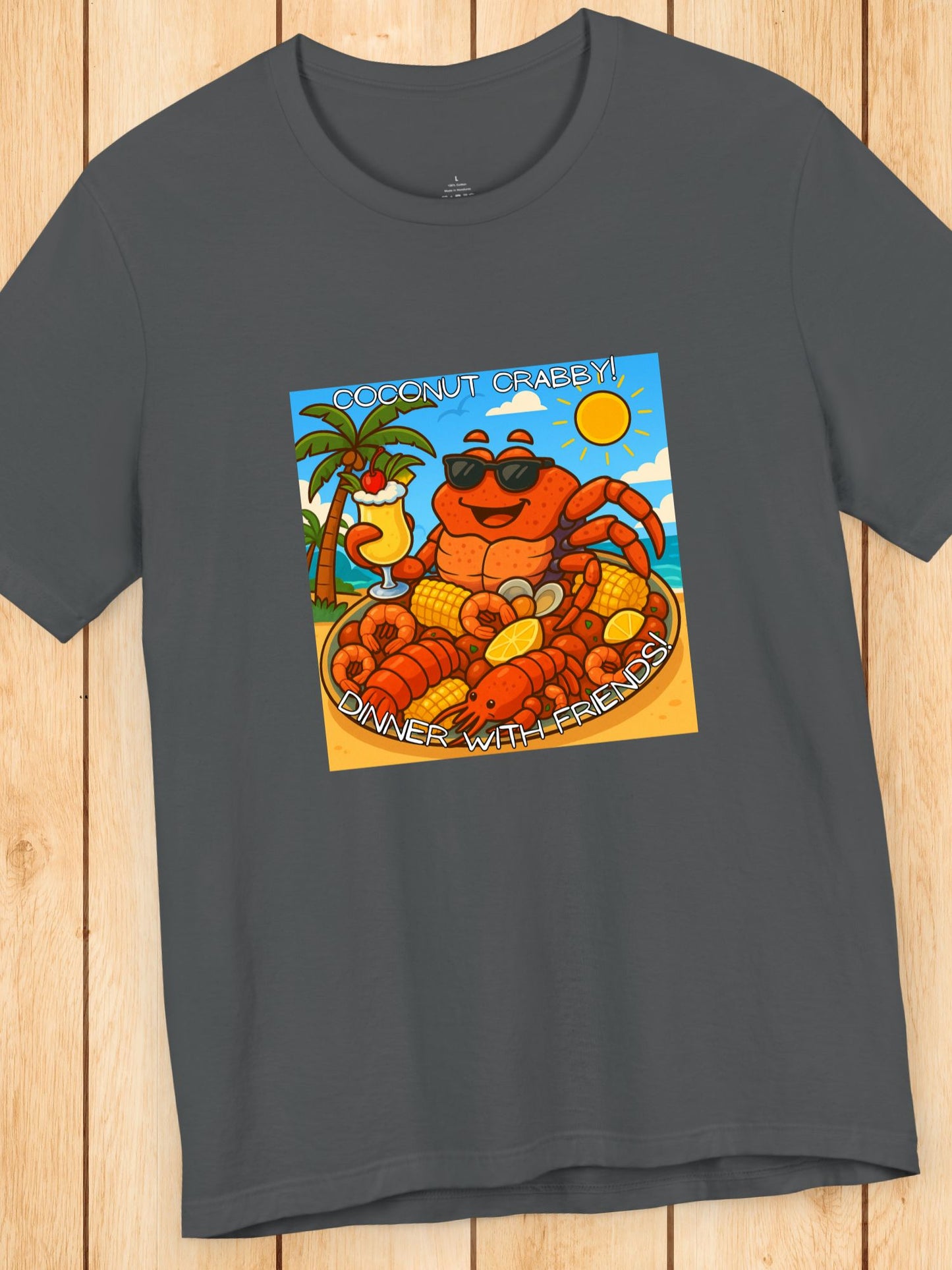 'Coconut Crabby, Dinner With Friends' Twisted Tropical Crab Graphic Unisex T-Shirt, Fun Beachwear, Perfect for Summer Parties, Seafood Lover Gift, Beach Vacation Shirt