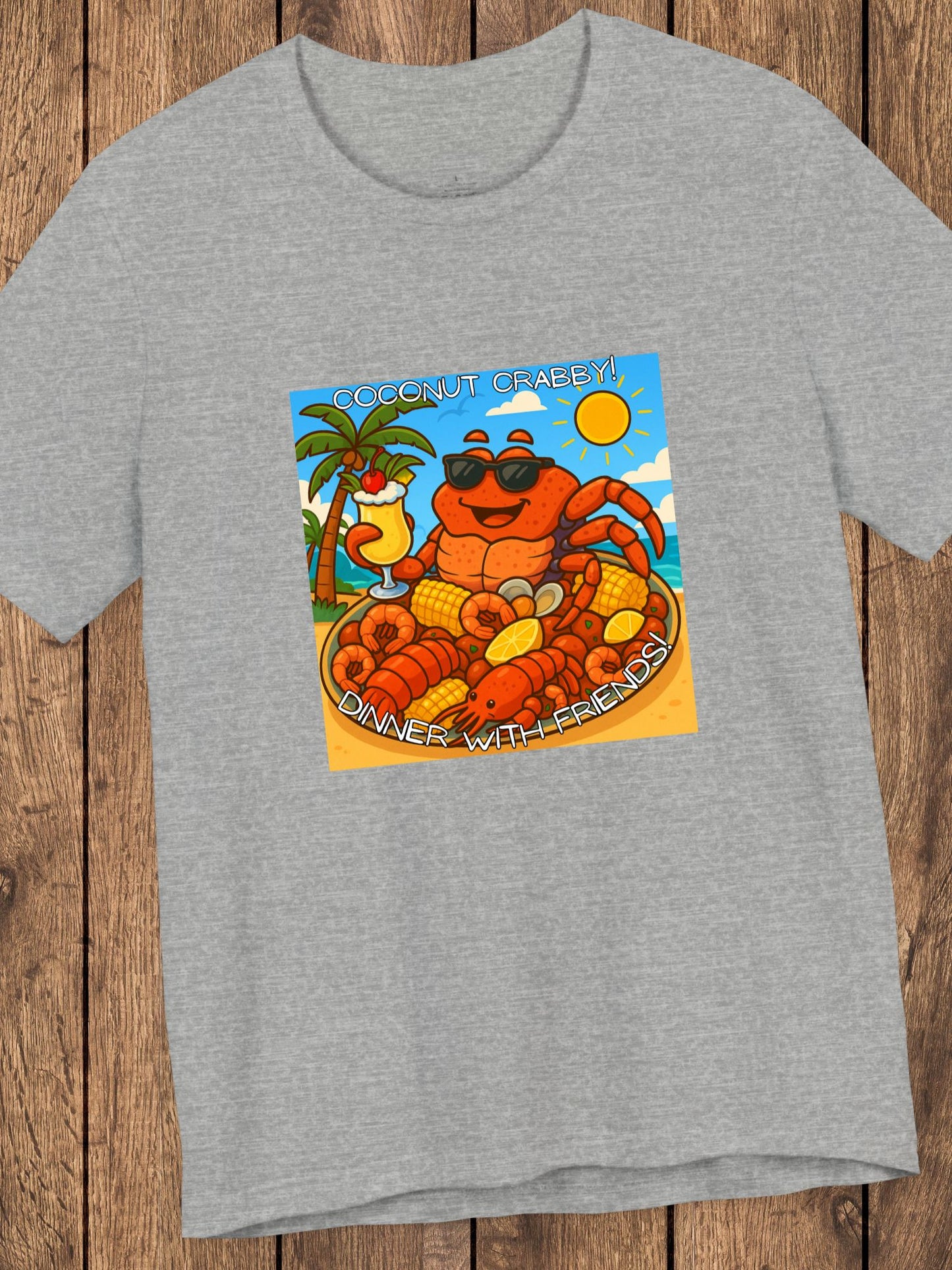 'Coconut Crabby, Dinner With Friends' Twisted Tropical Crab Graphic Unisex T-Shirt, Fun Beachwear, Perfect for Summer Parties, Seafood Lover Gift, Beach Vacation Shirt