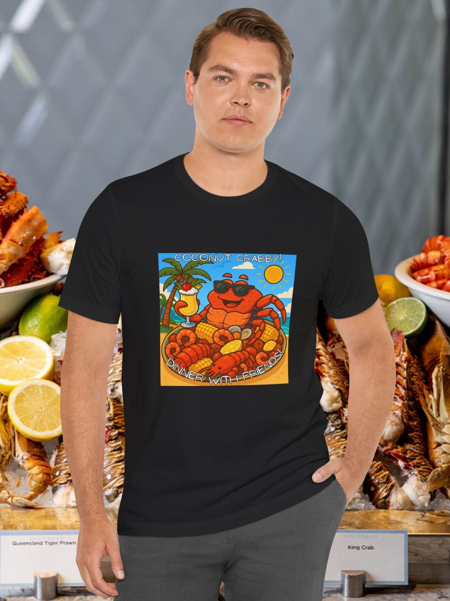 'Coconut Crabby, Dinner With Friends' Twisted Tropical Crab Graphic Unisex T-Shirt, Fun Beachwear, Perfect for Summer Parties, Seafood Lover Gift, Beach Vacation Shirt