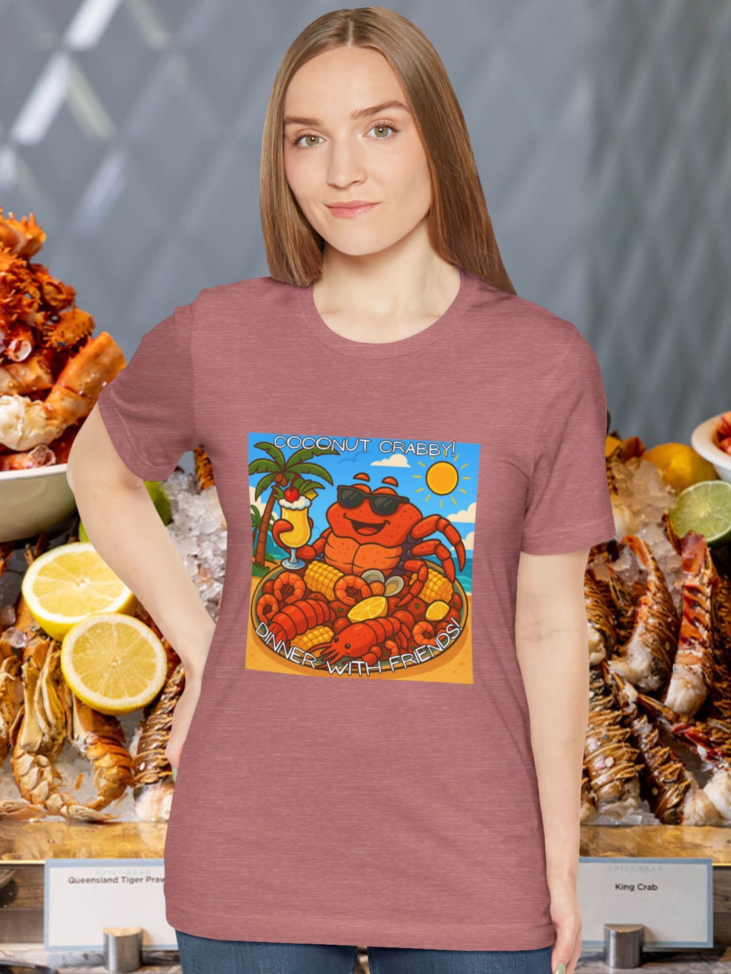 'Coconut Crabby, Dinner With Friends' Twisted Tropical Crab Graphic Unisex T-Shirt, Fun Beachwear, Perfect for Summer Parties, Seafood Lover Gift, Beach Vacation Shirt