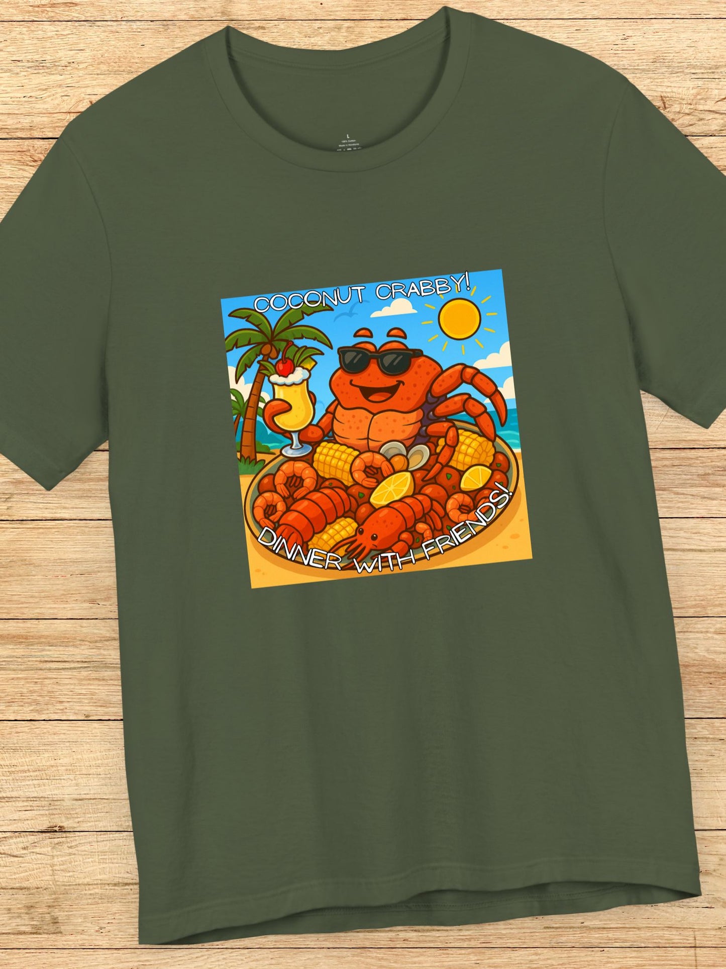 'Coconut Crabby, Dinner With Friends' Twisted Tropical Crab Graphic Unisex T-Shirt, Fun Beachwear, Perfect for Summer Parties, Seafood Lover Gift, Beach Vacation Shirt