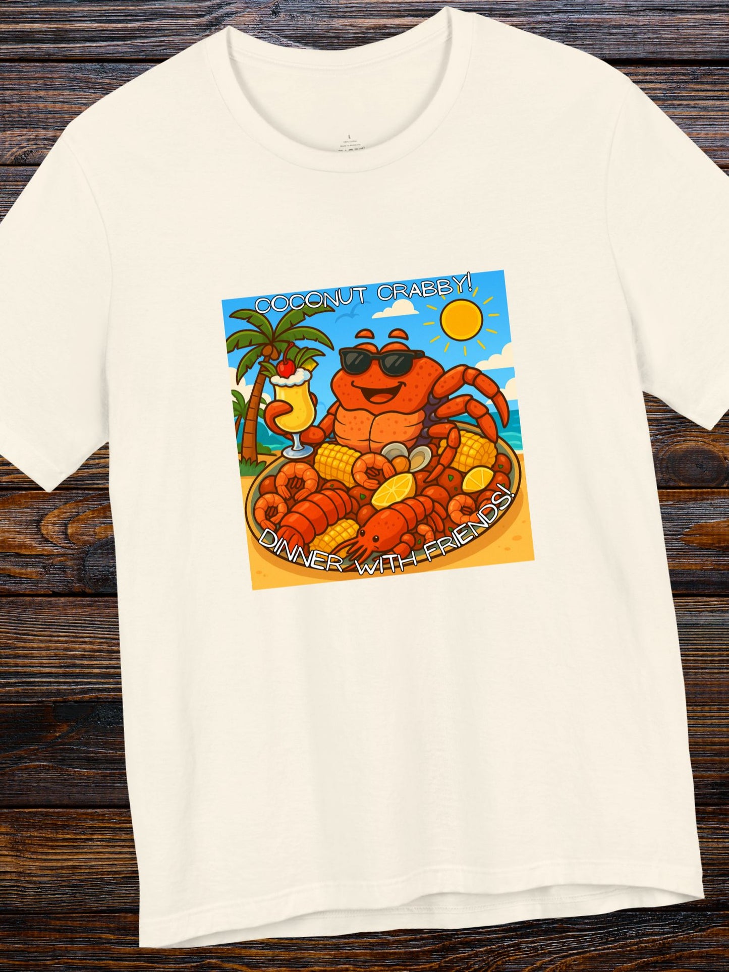 'Coconut Crabby, Dinner With Friends' Twisted Tropical Crab Graphic Unisex T-Shirt, Fun Beachwear, Perfect for Summer Parties, Seafood Lover Gift, Beach Vacation Shirt
