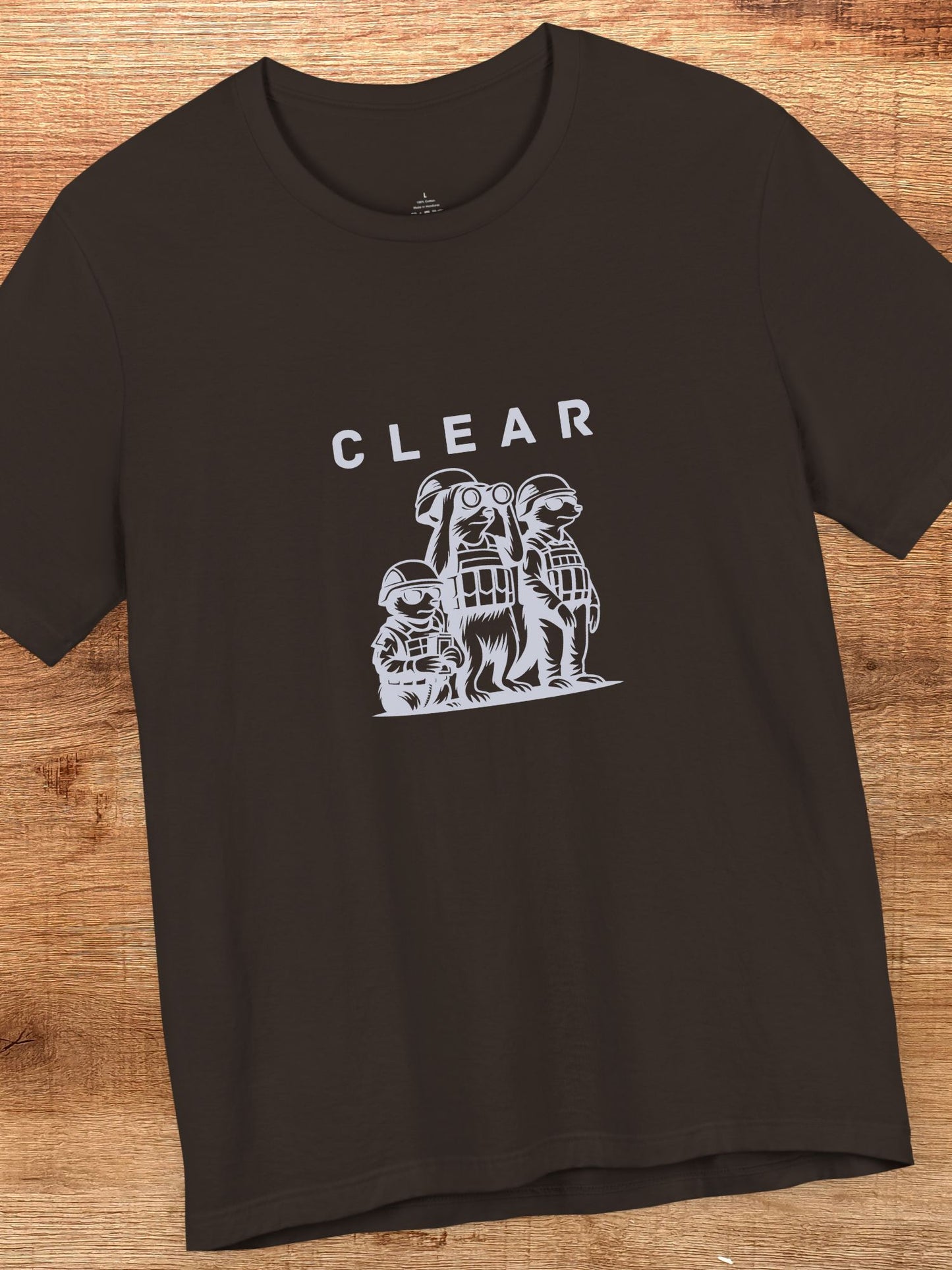 'CLEAR' Meerkat Army Graphic Unisex T-Shirt, Animal Lovers, Military Humour