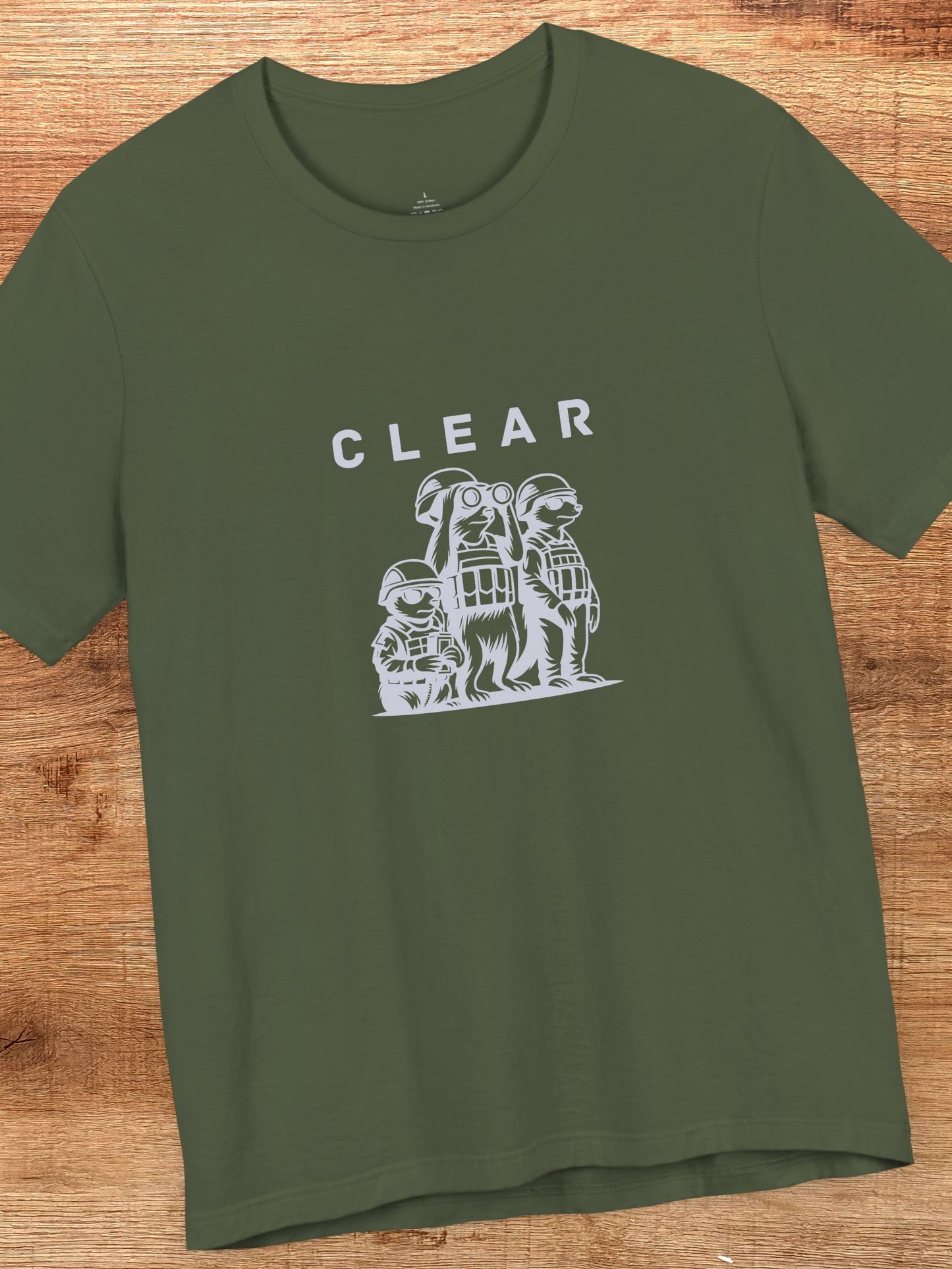 'CLEAR' Meerkat Army Graphic Unisex T-Shirt, Animal Lovers, Military Humour