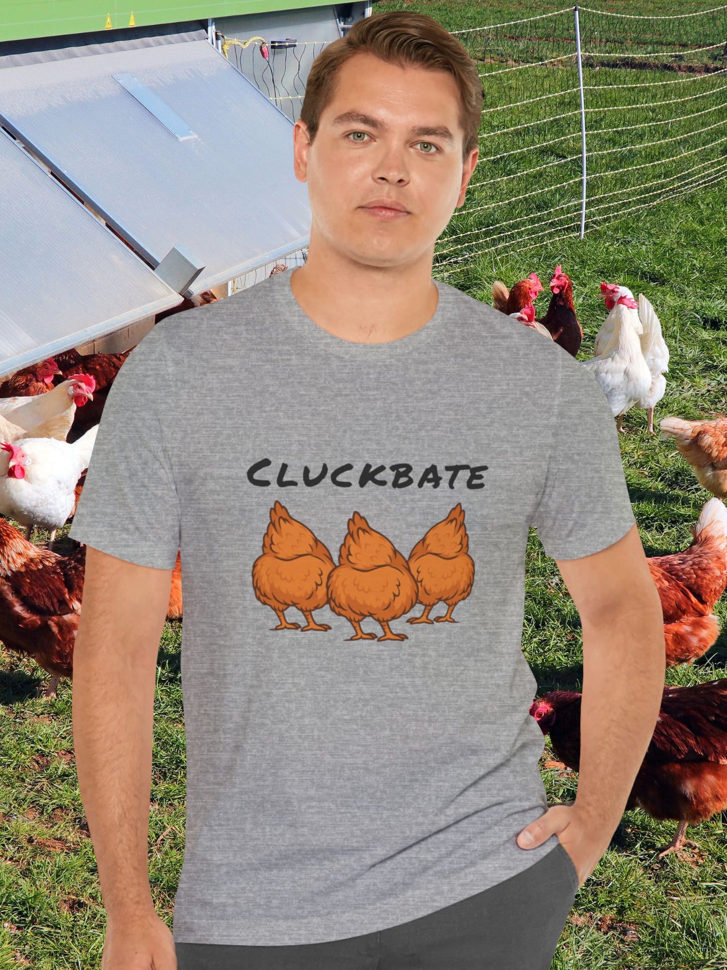 'CLUCKBATE' Chicken Butt Graphic Unisex T-Shirt, Humorous Chicken Tee