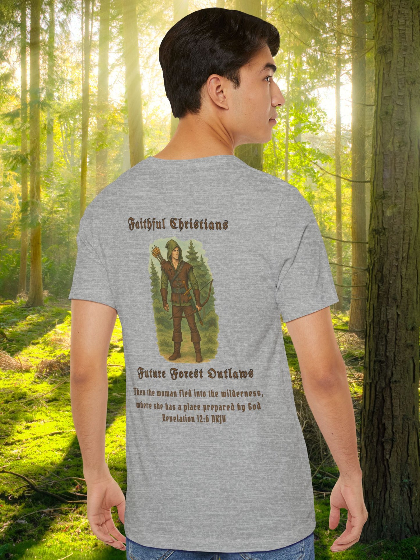 'Faithful Christians, Future Forest Outlaws' Woodsman Graphic Unisex T-Shirt, Bible Verse Revelation 12:6,  Christian Apparel, Archery Hunter Tee