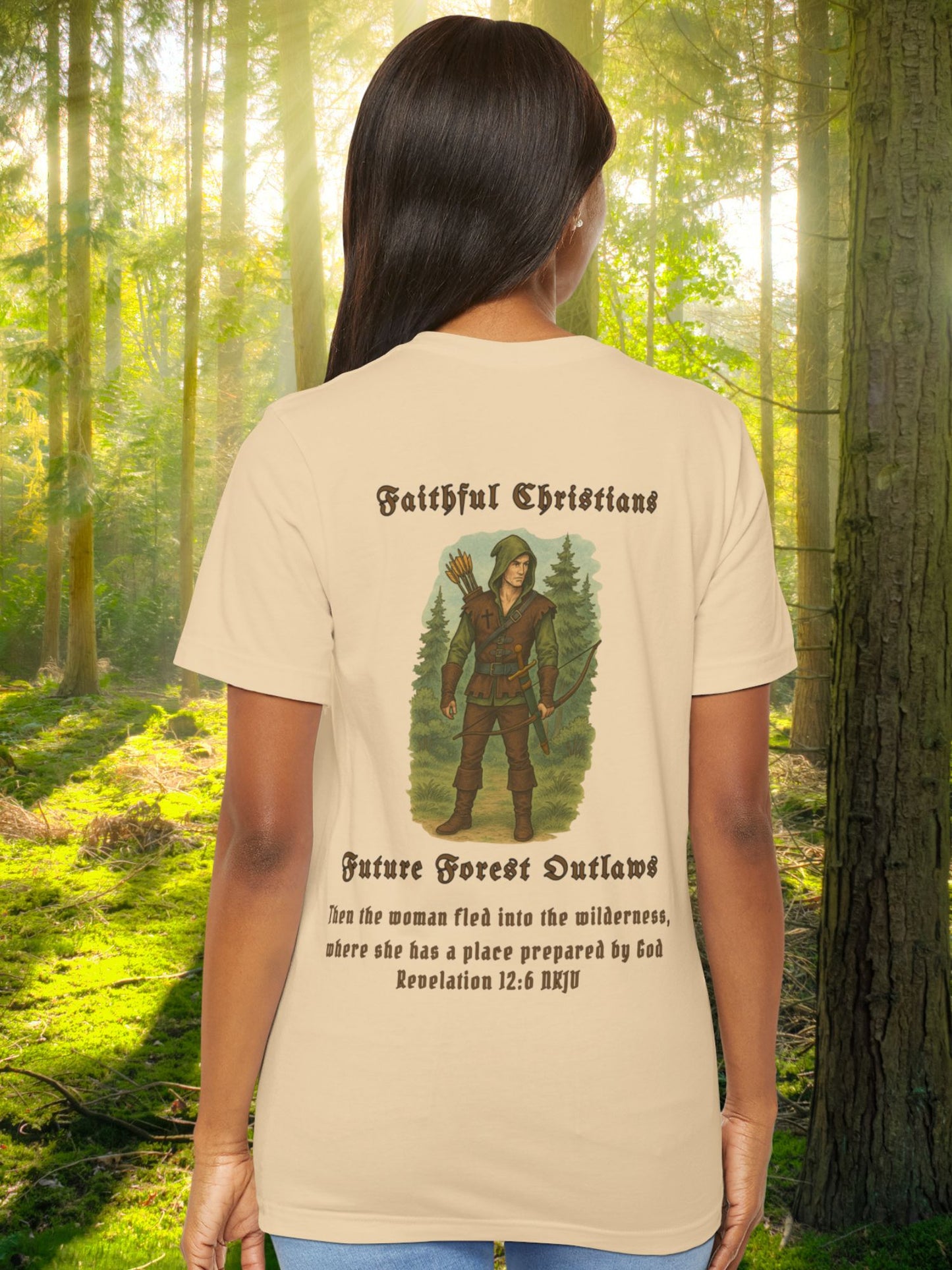 'Faithful Christians, Future Forest Outlaws' Woodsman Graphic Unisex T-Shirt, Bible Verse Revelation 12:6,  Christian Apparel, Archery Hunter Tee