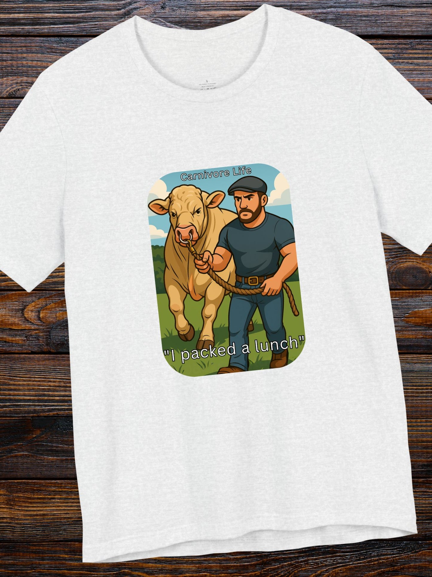 'I Packed a Lunch' Man with a Bull Color Graphic Unisex T-Shirt, Carnivore Diet Apparel