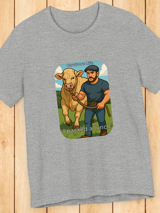 'I Packed a Lunch' Man with a Bull Color Graphic Unisex T-Shirt, Carnivore Diet Apparel