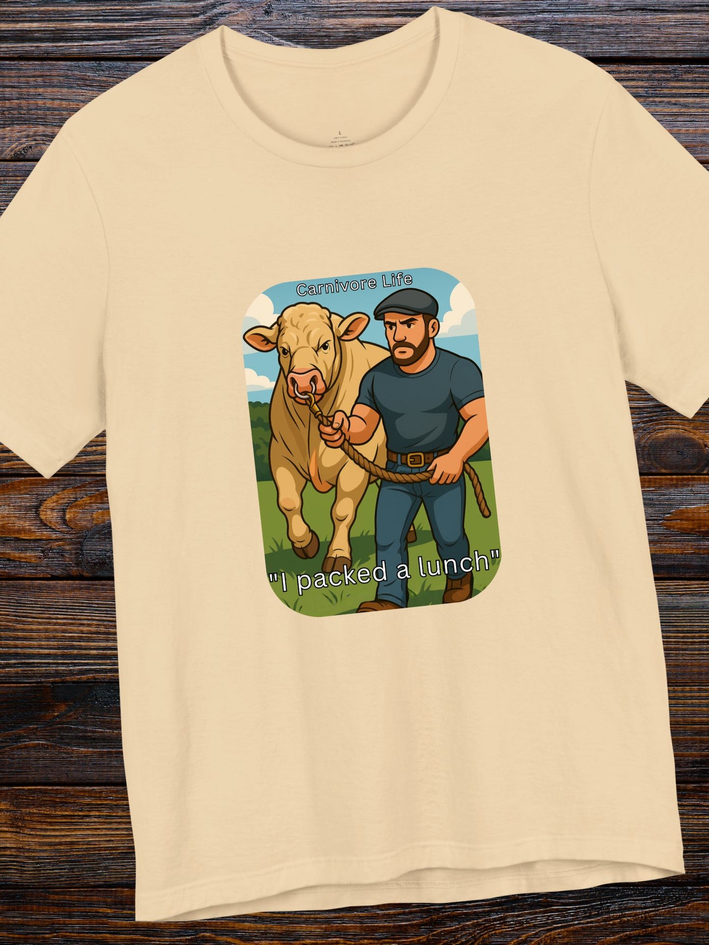 'I Packed a Lunch' Man with a Bull Color Graphic Unisex T-Shirt, Carnivore Diet Apparel