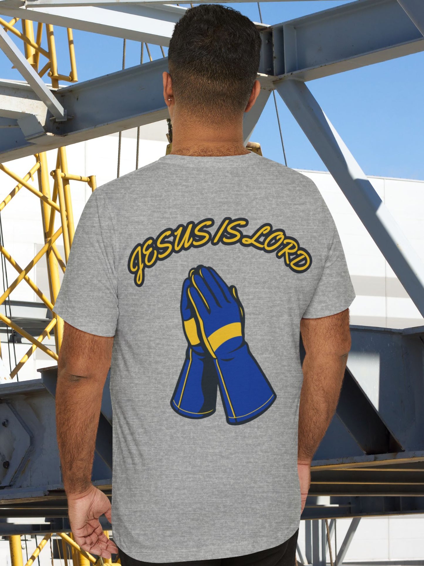 'Jesus is Lord' Prayer Hands Welding Gloves Unisex T-Shirt, Christian Welder Gift