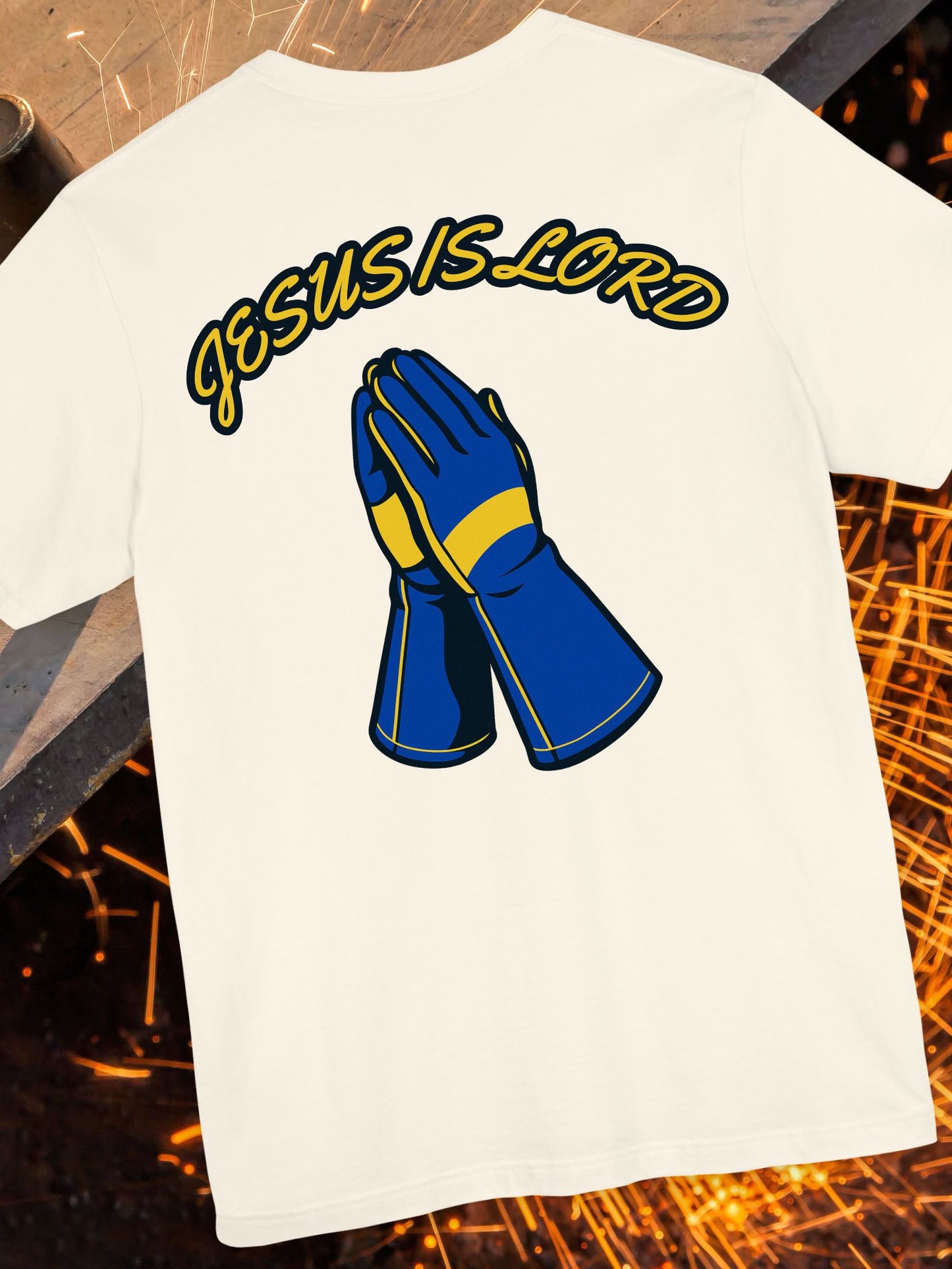 'Jesus is Lord' Prayer Hands Welding Gloves Unisex T-Shirt, Christian Welder Gift