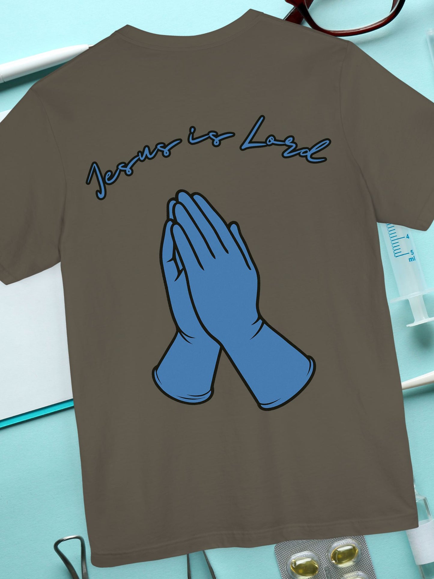 Praying Hands Medical Gloves "Jesus is Lord" Tee - Unisex Jersey Short Sleeve Shirt, Casual Wear, Gifts for Friends