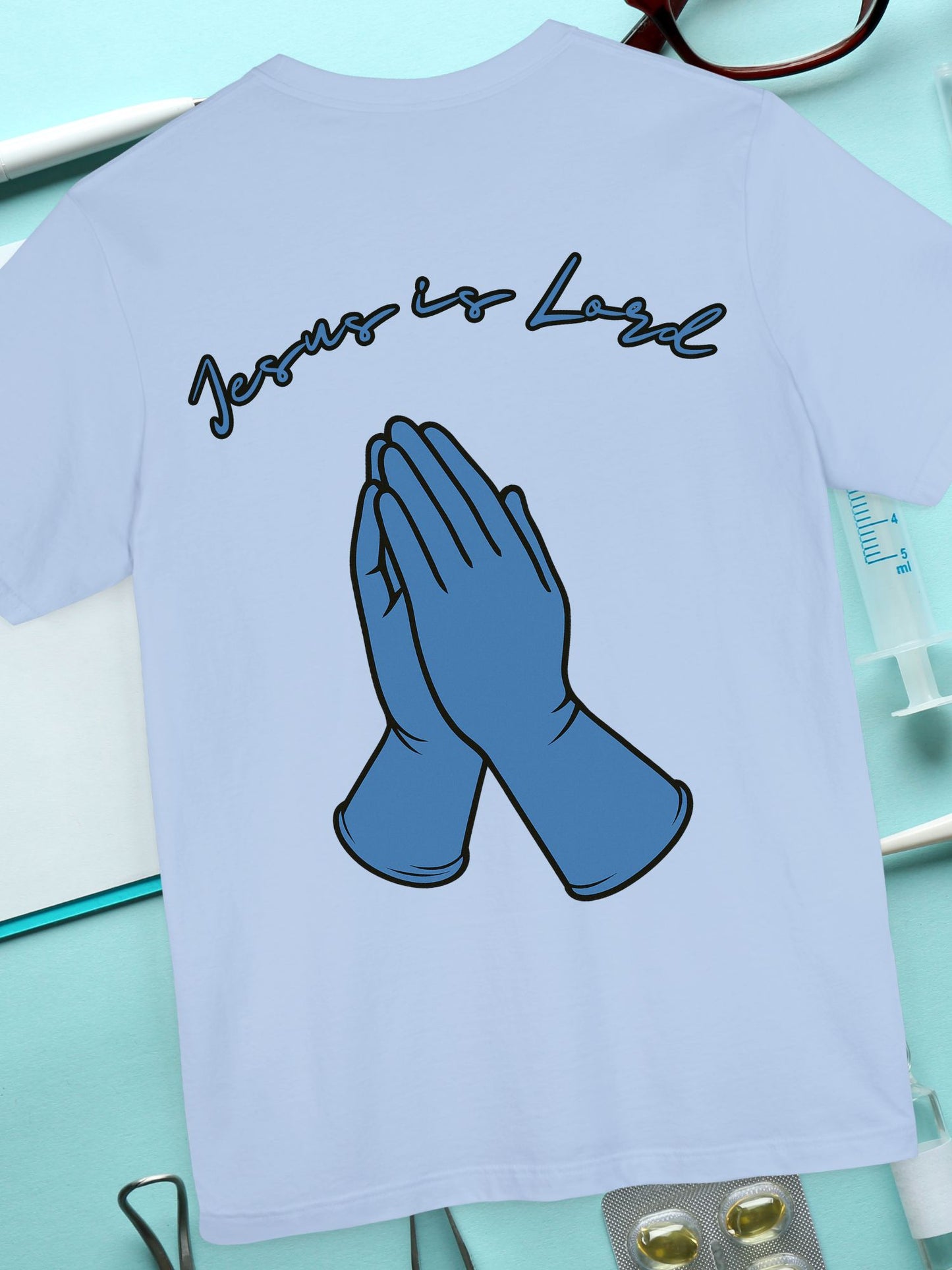 Praying Hands Medical Gloves "Jesus is Lord" Tee - Unisex Jersey Short Sleeve Shirt, Casual Wear, Gifts for Friends