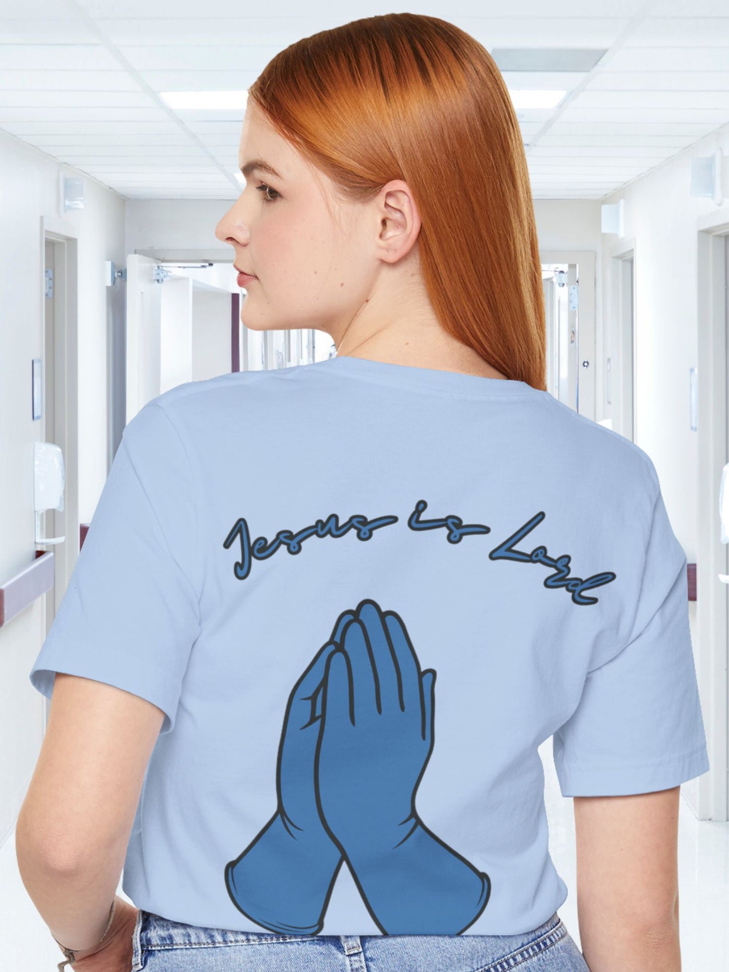 Praying Hands Medical Gloves "Jesus is Lord" Tee - Unisex Jersey Short Sleeve Shirt, Casual Wear, Gifts for Friends