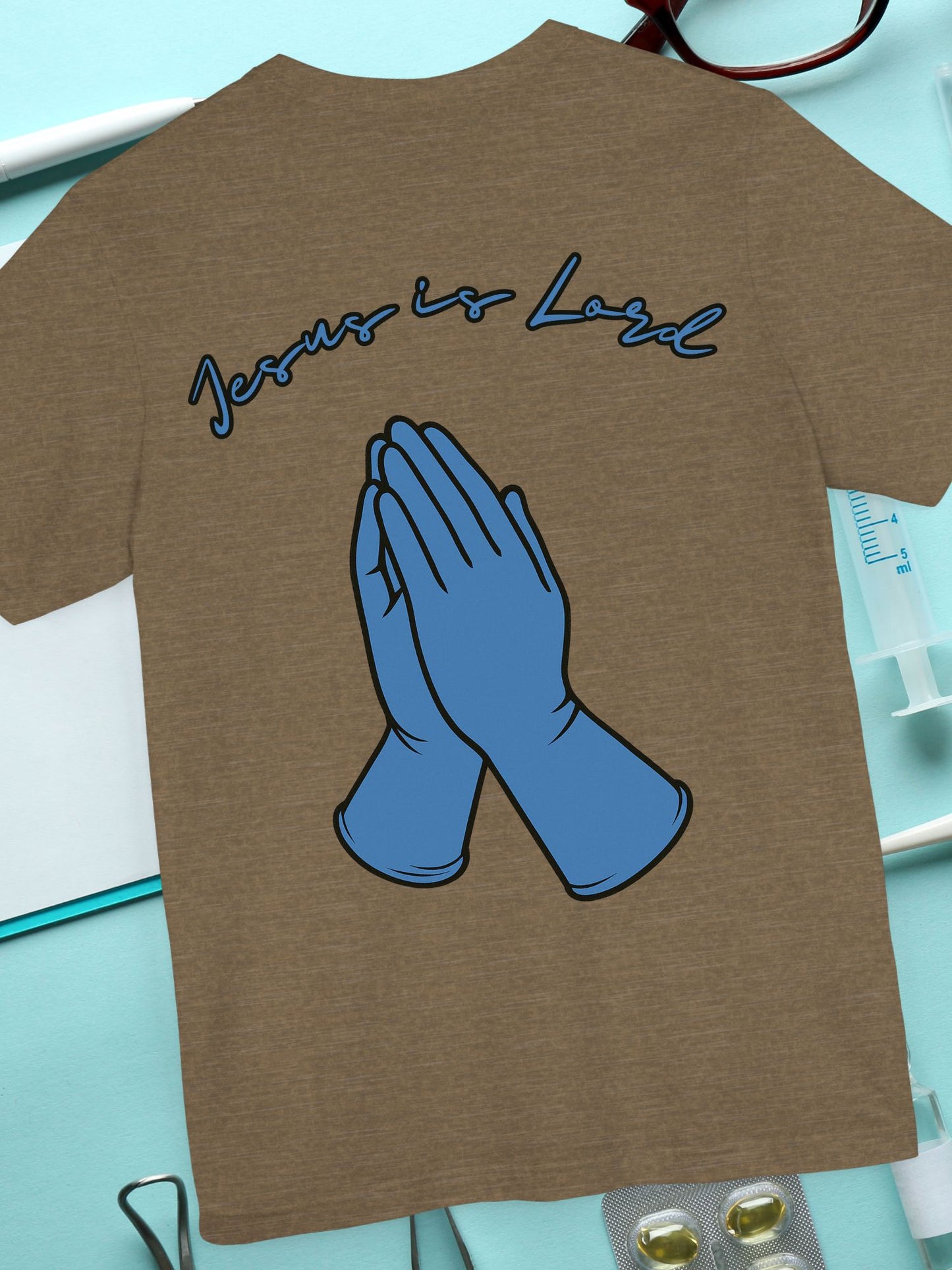 Praying Hands Medical Gloves "Jesus is Lord" Tee - Unisex Jersey Short Sleeve Shirt, Casual Wear, Gifts for Friends