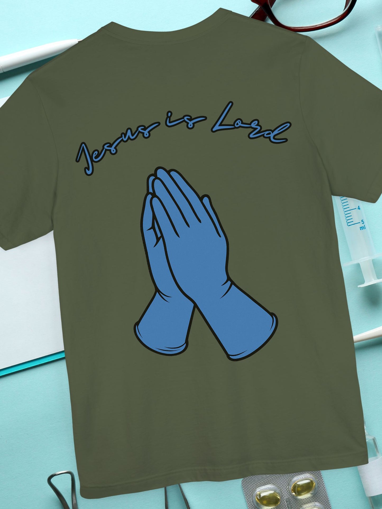 Praying Hands Medical Gloves "Jesus is Lord" Tee - Unisex Jersey Short Sleeve Shirt, Casual Wear, Gifts for Friends