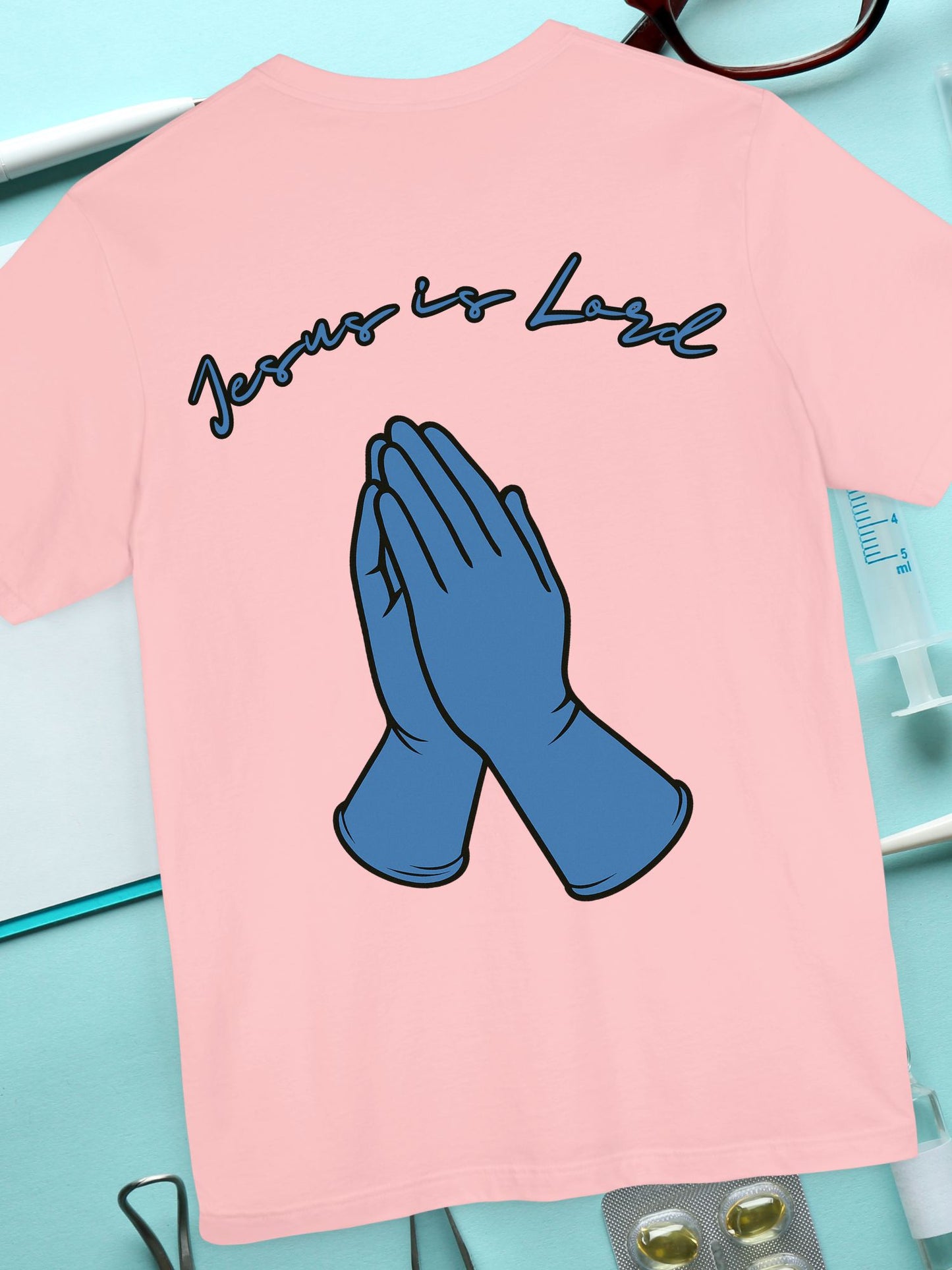 Praying Hands Medical Gloves "Jesus is Lord" Tee - Unisex Jersey Short Sleeve Shirt, Casual Wear, Gifts for Friends
