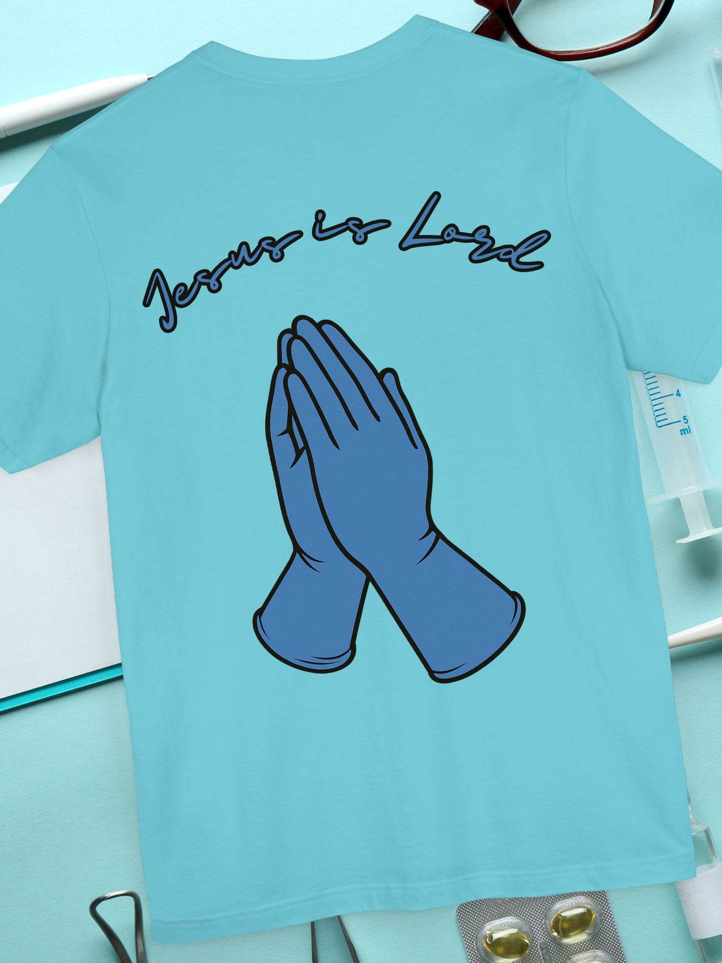 Praying Hands Medical Gloves "Jesus is Lord" Tee - Unisex Jersey Short Sleeve Shirt, Casual Wear, Gifts for Friends
