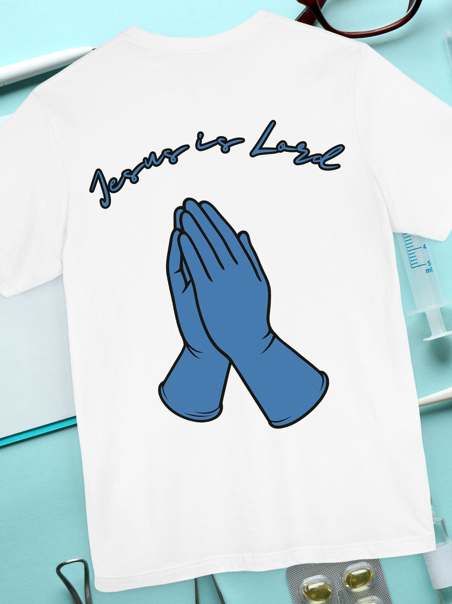Praying Hands Medical Gloves "Jesus is Lord" Tee - Unisex Jersey Short Sleeve Shirt, Casual Wear, Gifts for Friends