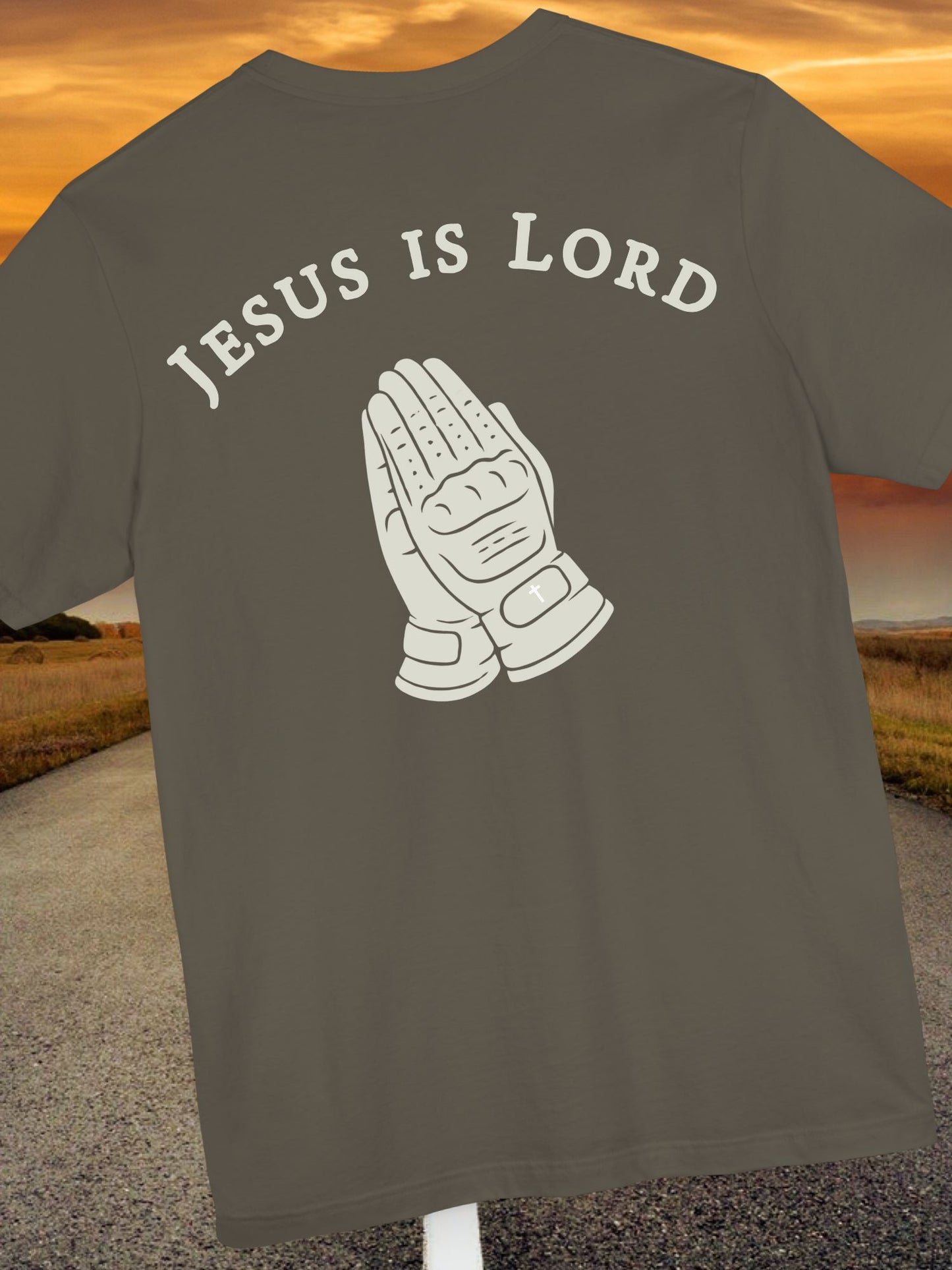 "Jesus is Lord" Motorcycle Gloves Praying Hands Unisex Short Sleeve Tee, Christian T-Shirt