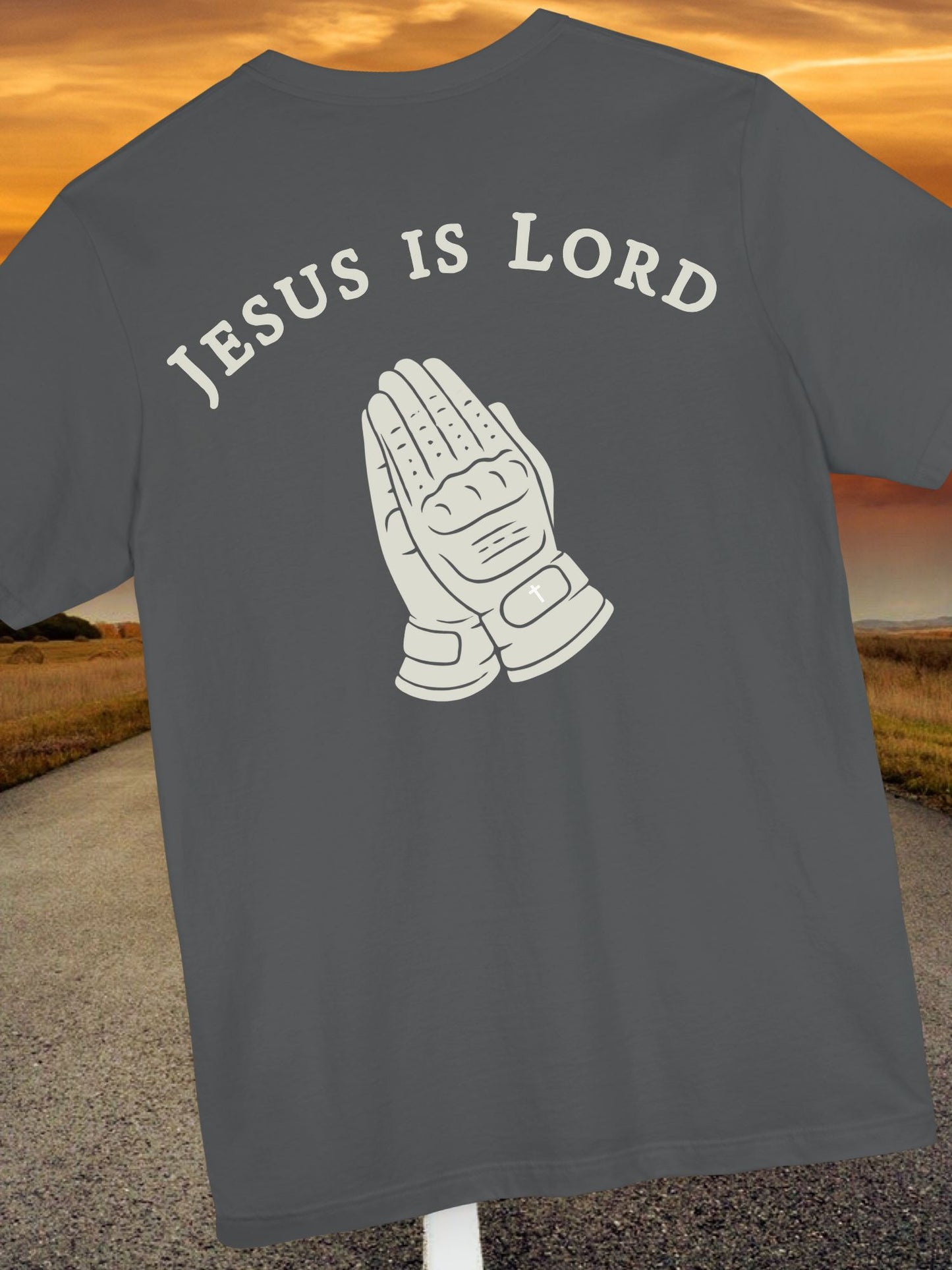 "Jesus is Lord" Motorcycle Gloves Praying Hands Unisex Short Sleeve Tee, Christian T-Shirt