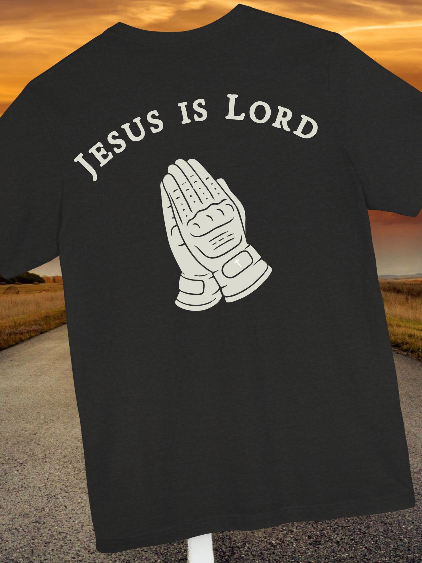"Jesus is Lord" Motorcycle Gloves Praying Hands Unisex Short Sleeve Tee, Christian T-Shirt