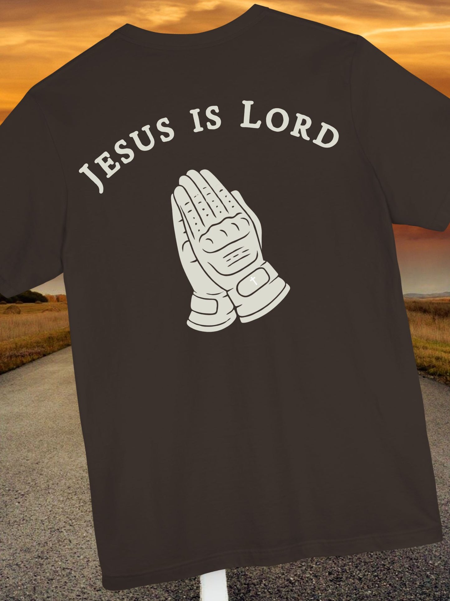 "Jesus is Lord" Motorcycle Gloves Praying Hands Unisex Short Sleeve Tee, Christian T-Shirt