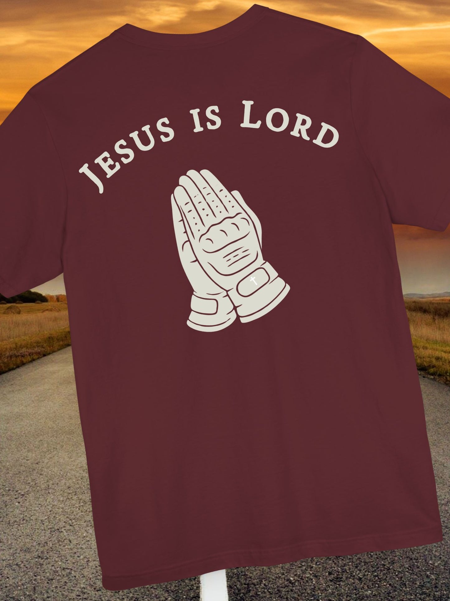 "Jesus is Lord" Motorcycle Gloves Praying Hands Unisex Short Sleeve Tee, Christian T-Shirt