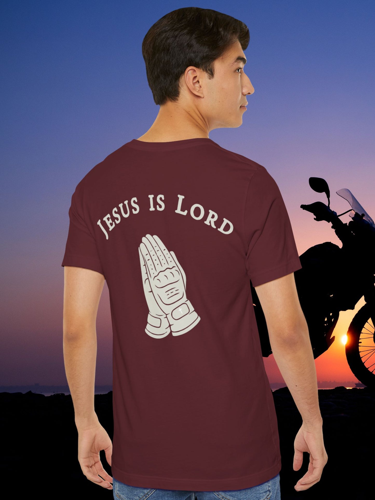 "Jesus is Lord" Motorcycle Gloves Praying Hands Unisex Short Sleeve Tee, Christian T-Shirt