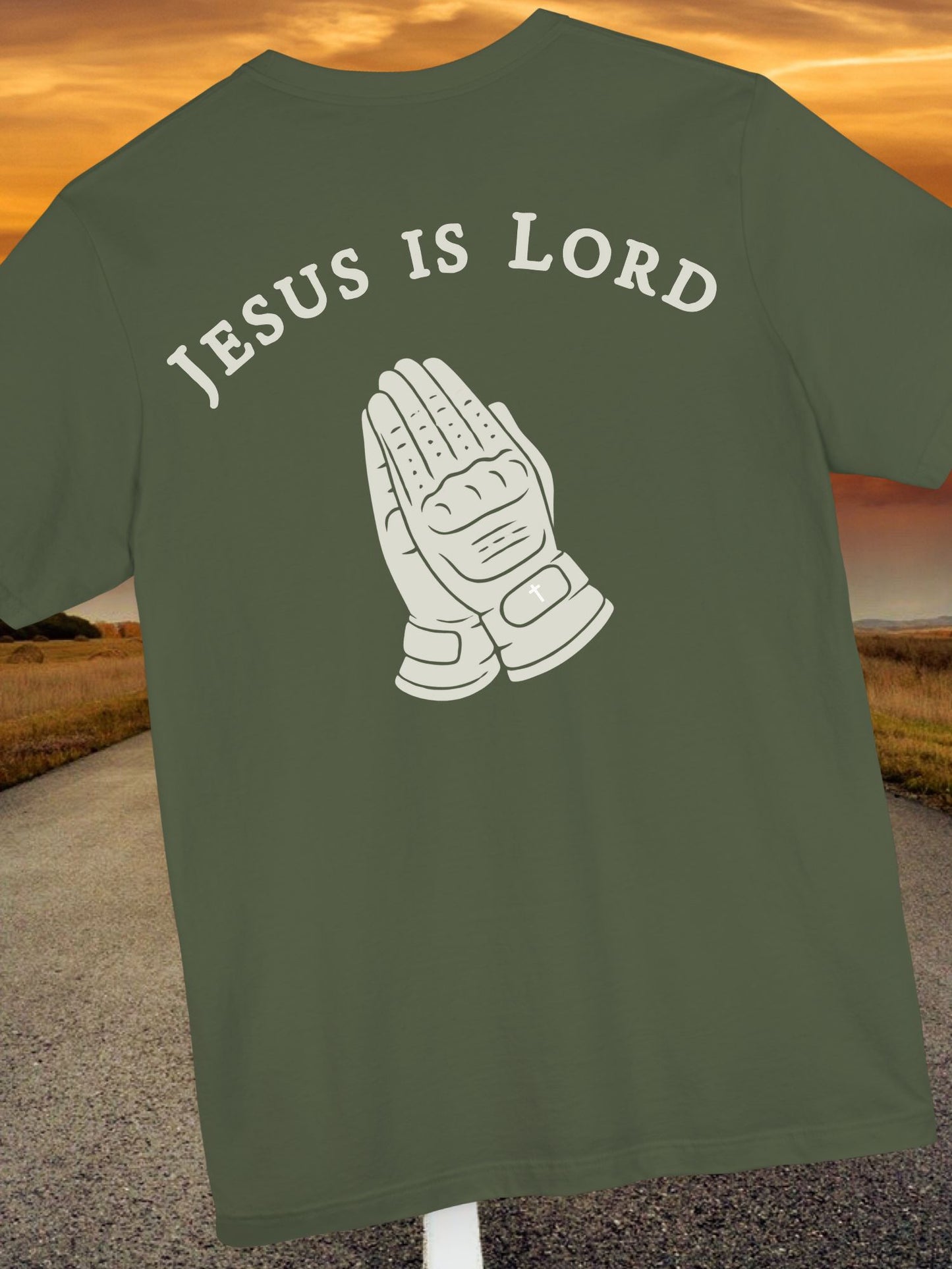 "Jesus is Lord" Motorcycle Gloves Praying Hands Unisex Short Sleeve Tee, Christian T-Shirt