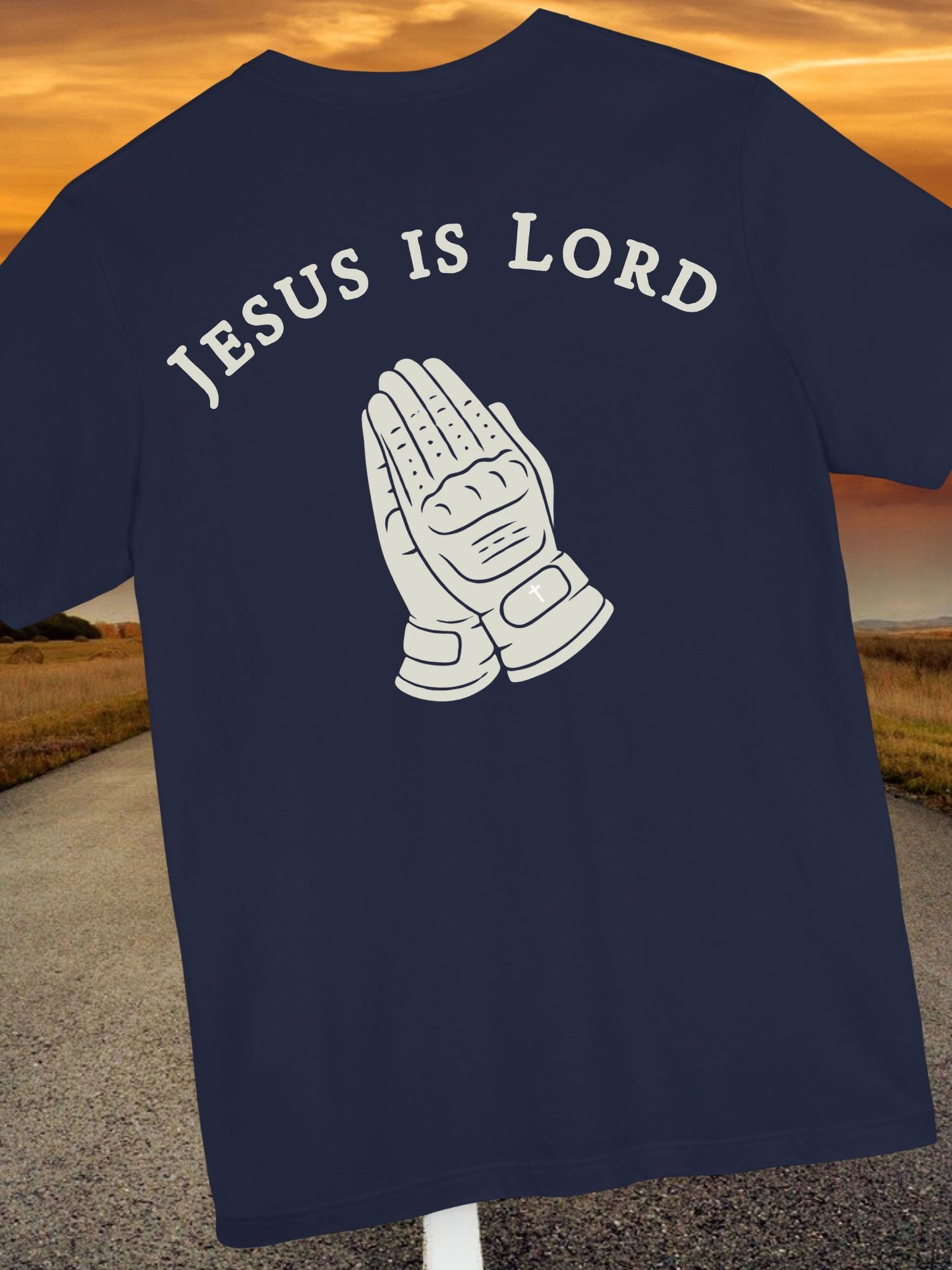 "Jesus is Lord" Motorcycle Gloves Praying Hands Unisex Short Sleeve Tee, Christian T-Shirt
