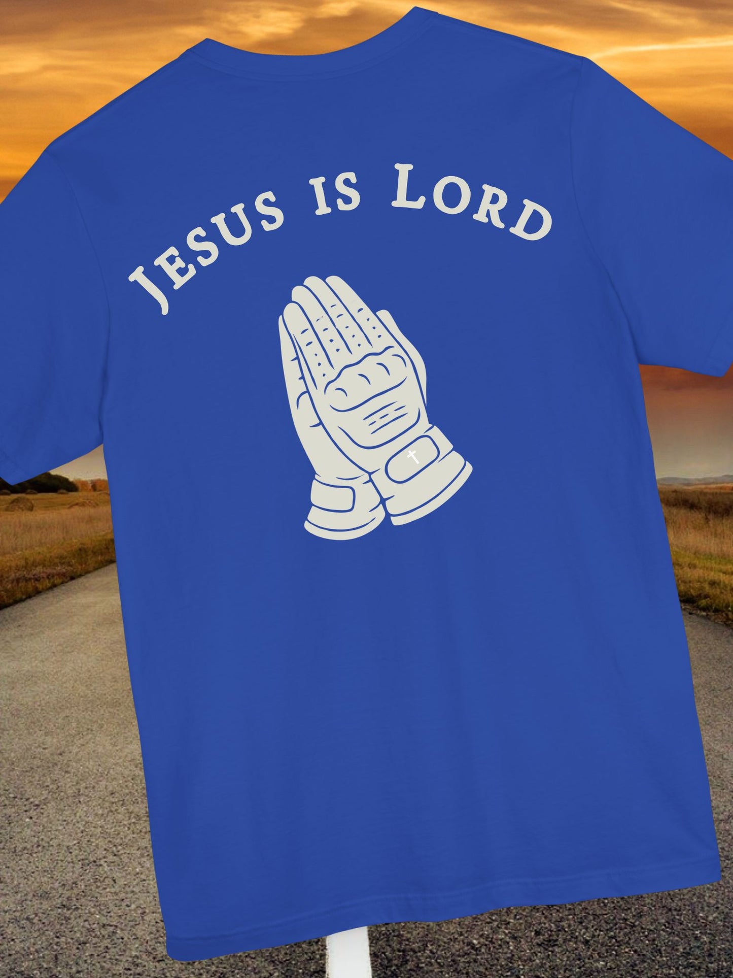 "Jesus is Lord" Motorcycle Gloves Praying Hands Unisex Short Sleeve Tee, Christian T-Shirt