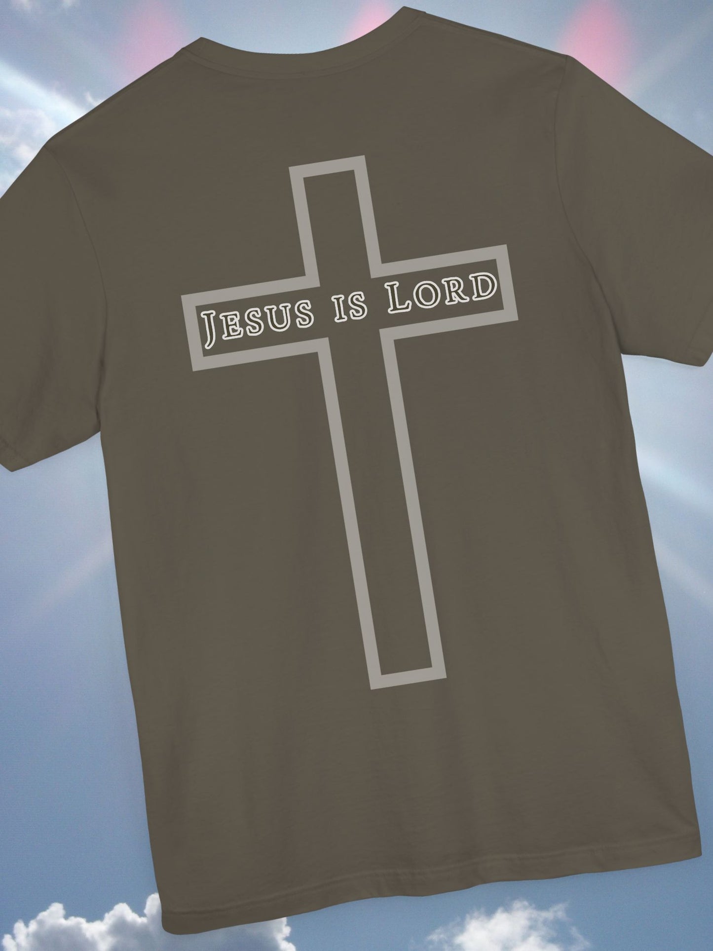 "Jesus is Lord" with Cross (back) Unisex Tee, Christian Apparel, Faith-Based Shirt, Inspirational Gift, Casual Everyday Wear, Religious Tee