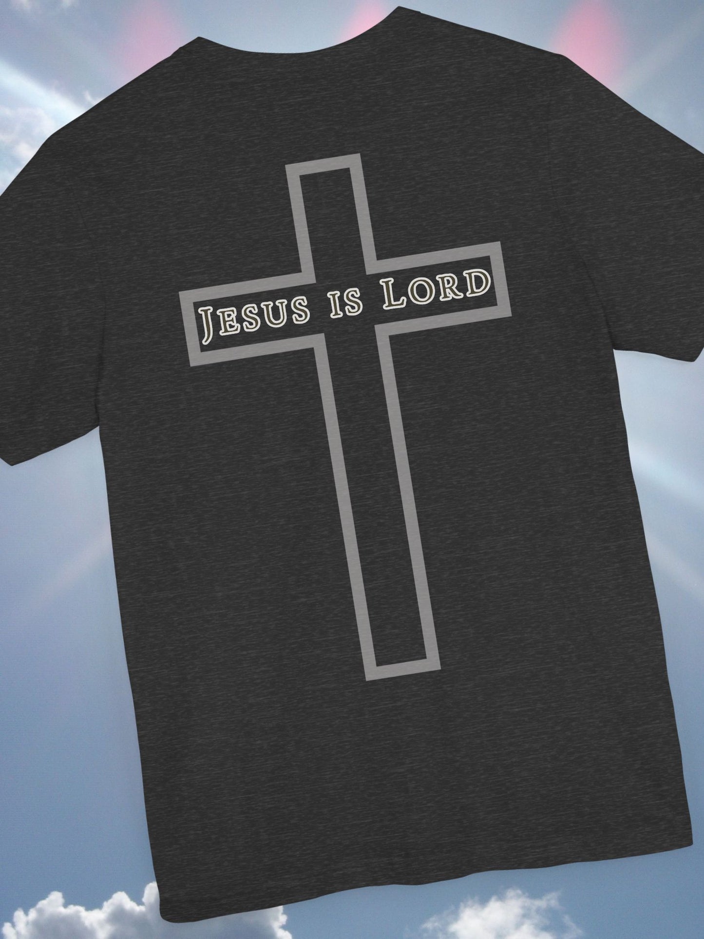 "Jesus is Lord" with Cross (back) Unisex Tee, Christian Apparel, Faith-Based Shirt, Inspirational Gift, Casual Everyday Wear, Religious Tee