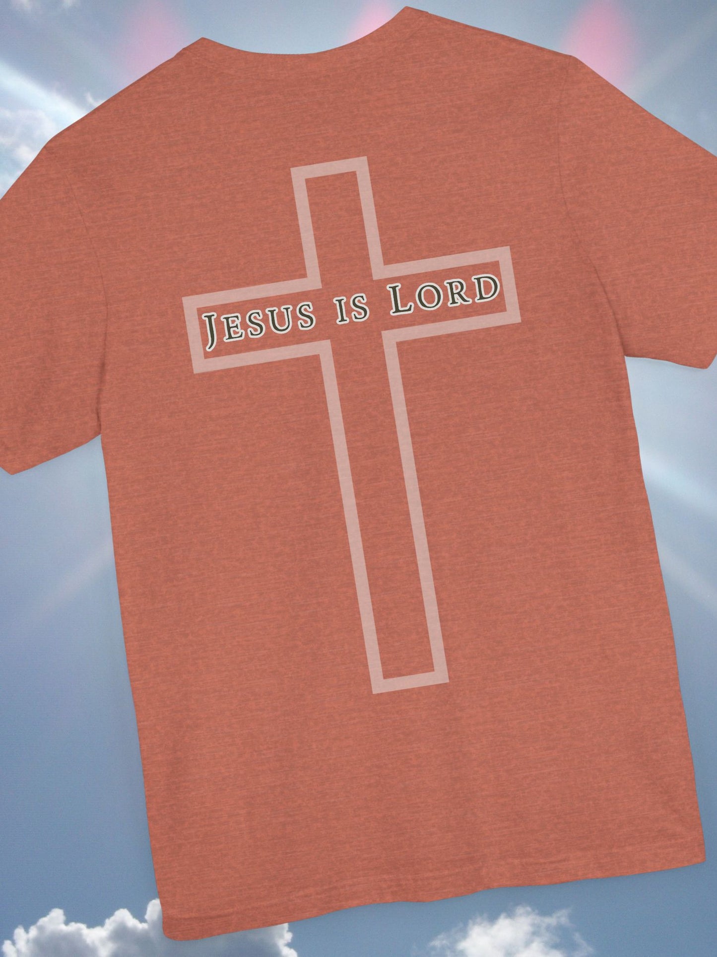 "Jesus is Lord" with Cross (back) Unisex Tee, Christian Apparel, Faith-Based Shirt, Inspirational Gift, Casual Everyday Wear, Religious Tee