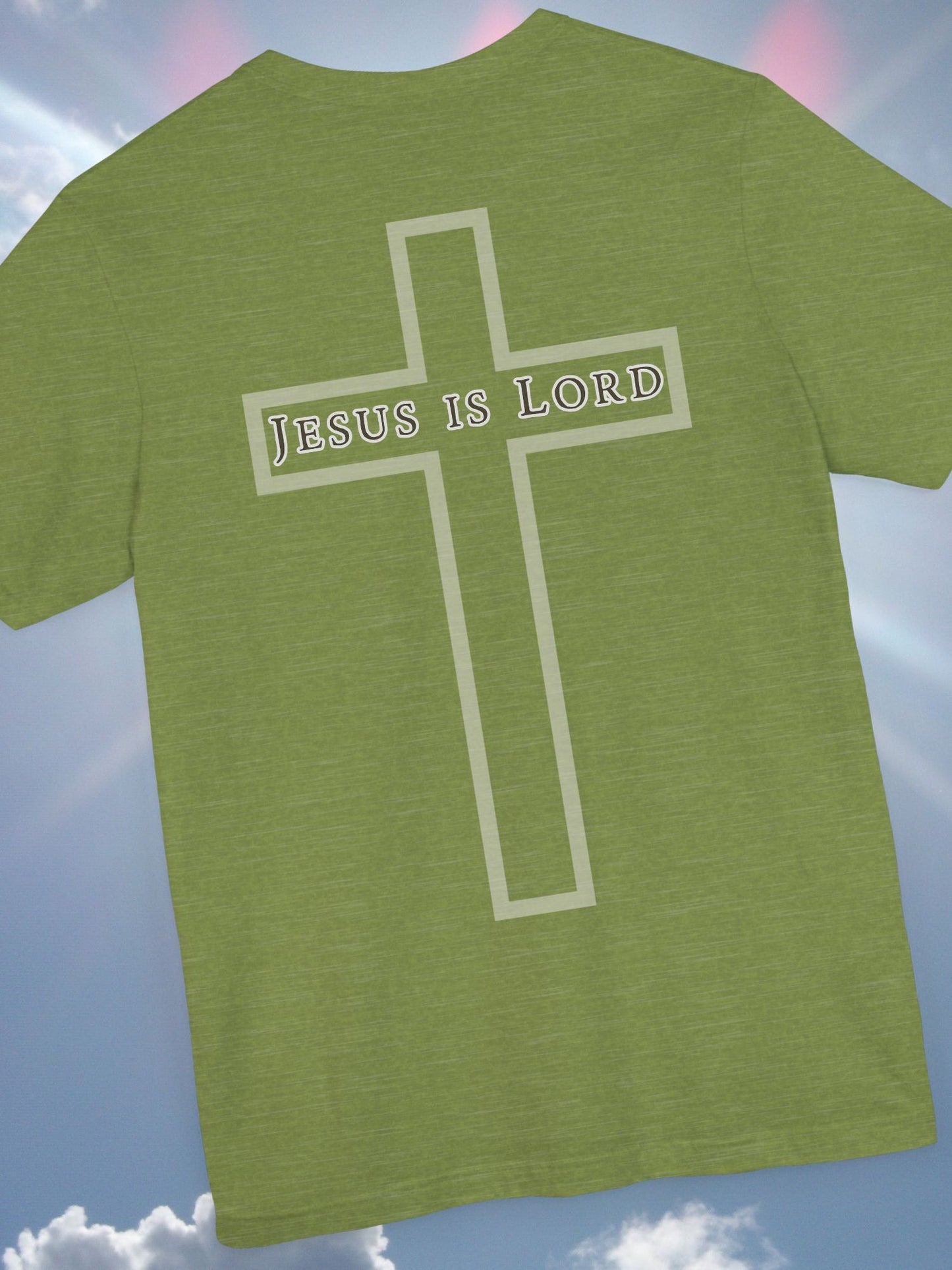 "Jesus is Lord" with Cross (back) Unisex Tee, Christian Apparel, Faith-Based Shirt, Inspirational Gift, Casual Everyday Wear, Religious Tee