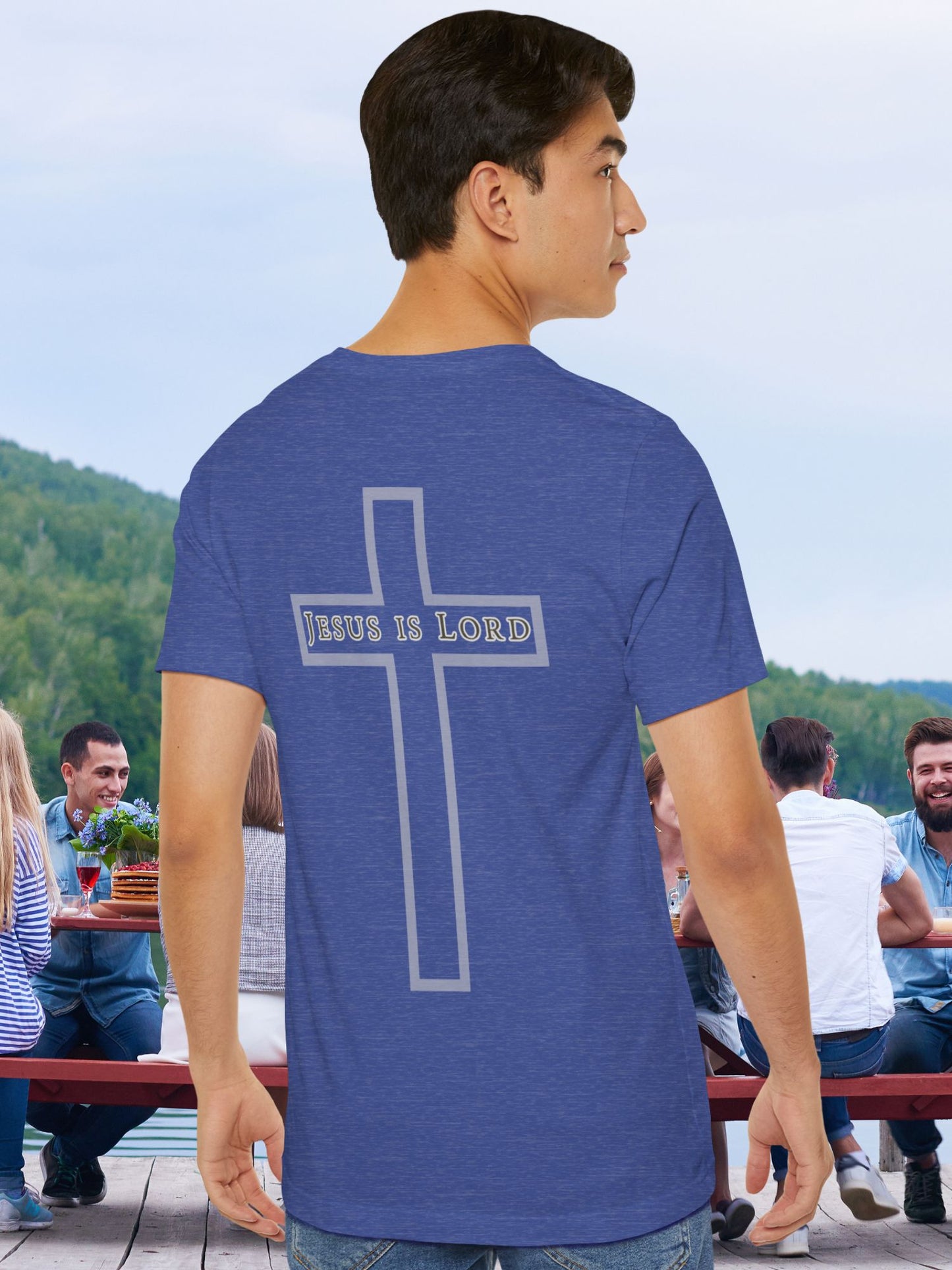 "Jesus is Lord" with Cross (back) Unisex Tee, Christian Apparel, Faith-Based Shirt, Inspirational Gift, Casual Everyday Wear, Religious Tee