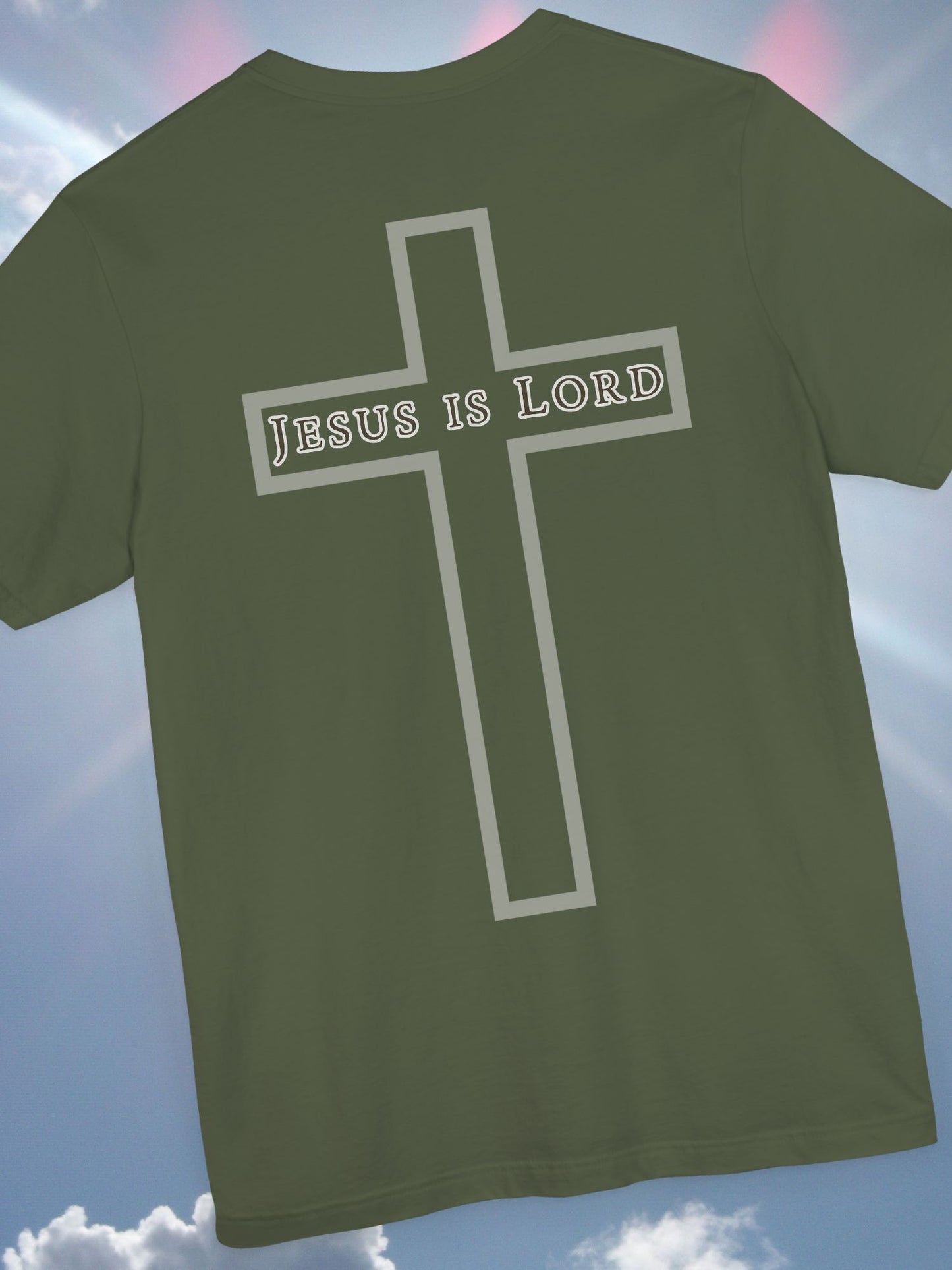 "Jesus is Lord" with Cross (back) Unisex Tee, Christian Apparel, Faith-Based Shirt, Inspirational Gift, Casual Everyday Wear, Religious Tee